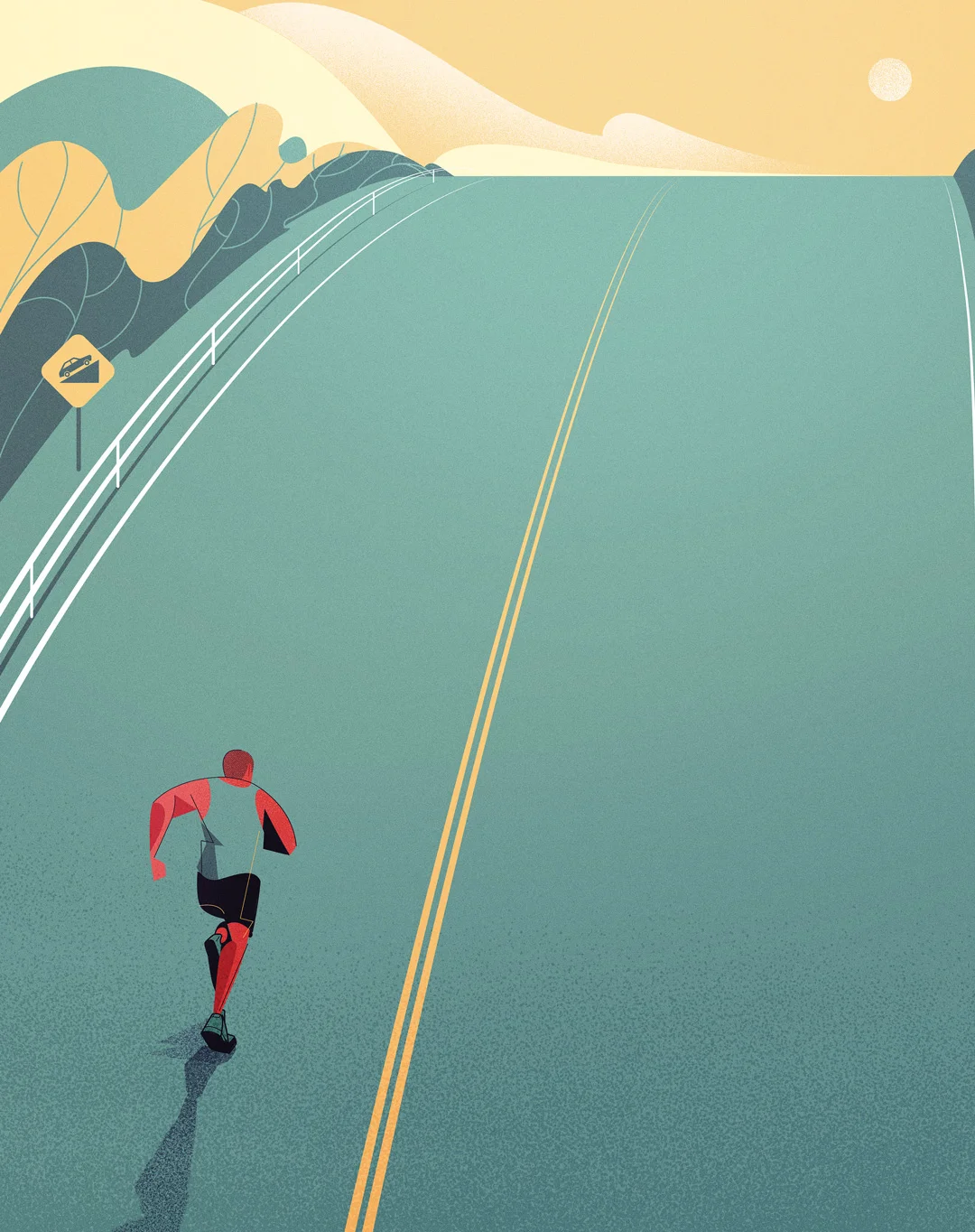 Minimal illustration of a runner moving along an empty road through a landscape, symbolizing solitude, endurance, and personal journey.