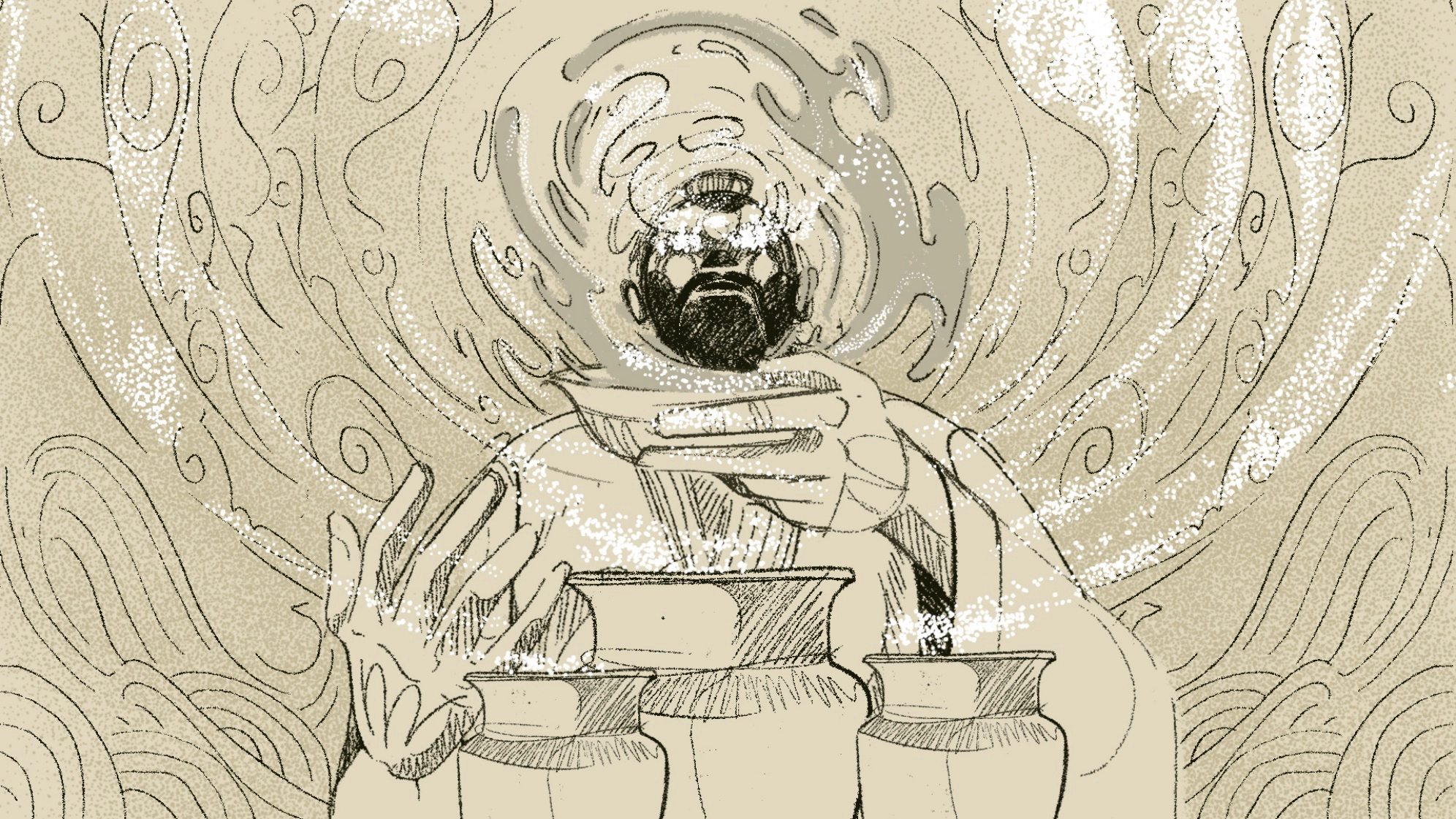 Illustration of a monk figure with a Baijiu cup, surrounded by symbolic circular shapes.
