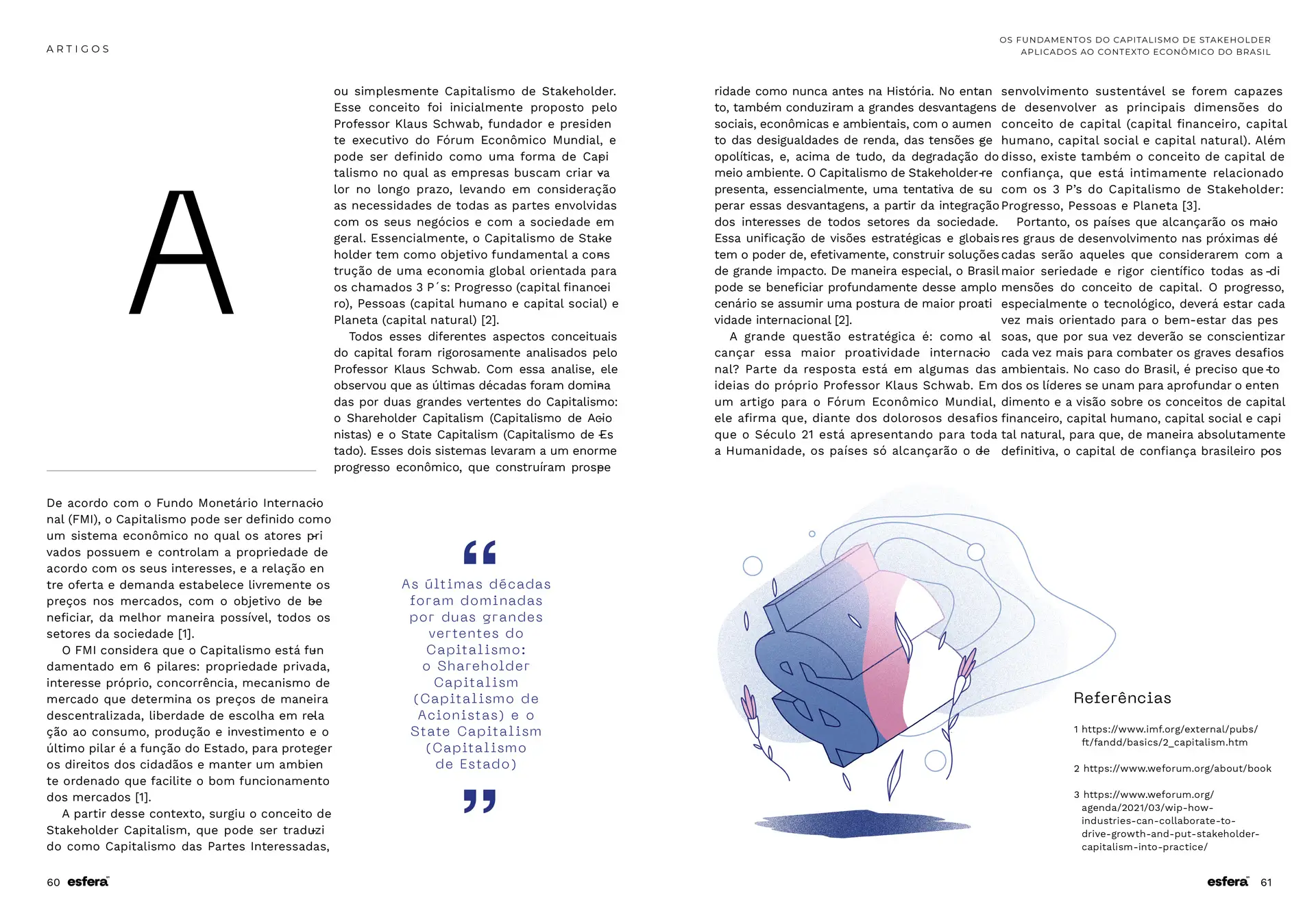 Two-page magazine spread in Portuguese discussing Stakeholder Capitalism with a stylized illustration of a dollar sign surrounded by abstract shapes and leaves on the right page.