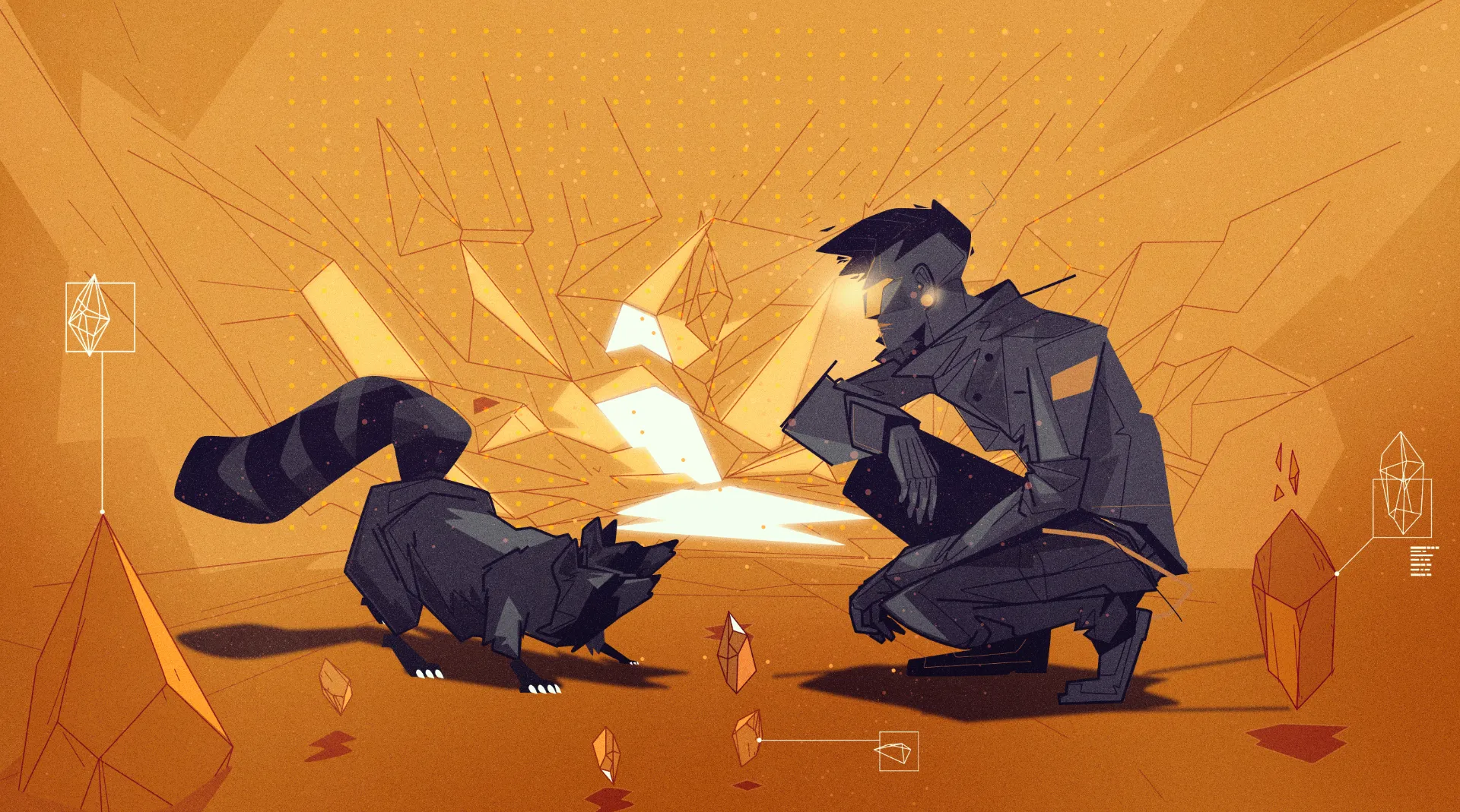 Illustration of two figures crouching in a desert setting, interacting with glowing fragments in a symbolic and futuristic scene