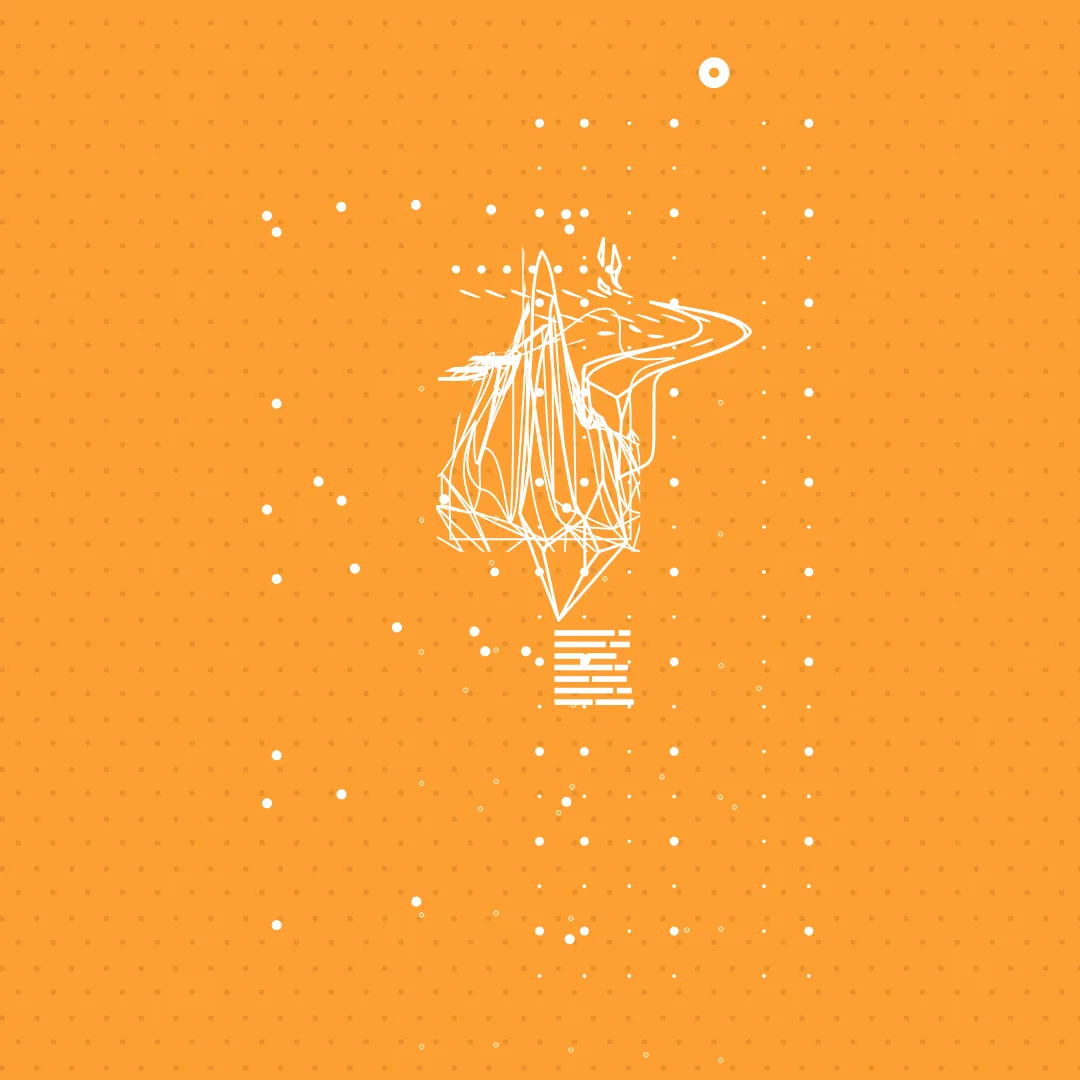 Abstract fragmented wireframe form surrounded by particles on orange background, representing transformation