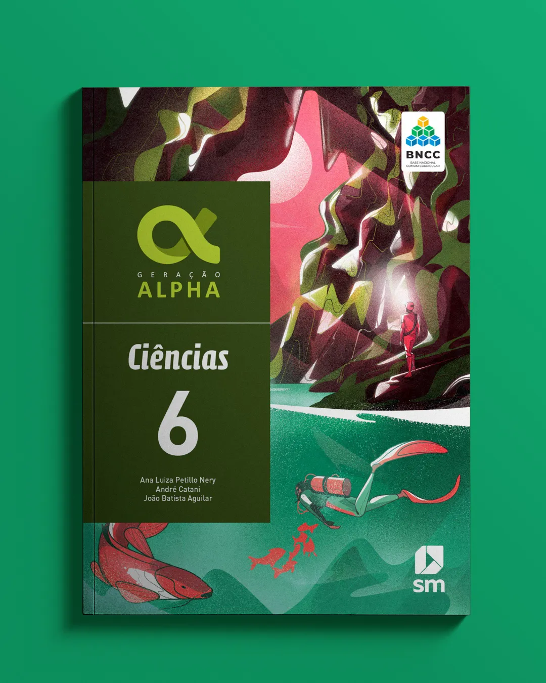 Detailed illustration from Generation Alpha Science Grade 6 book, featuring a diver underwater with fish and a cave environment, representing marine biology and scientific exploration