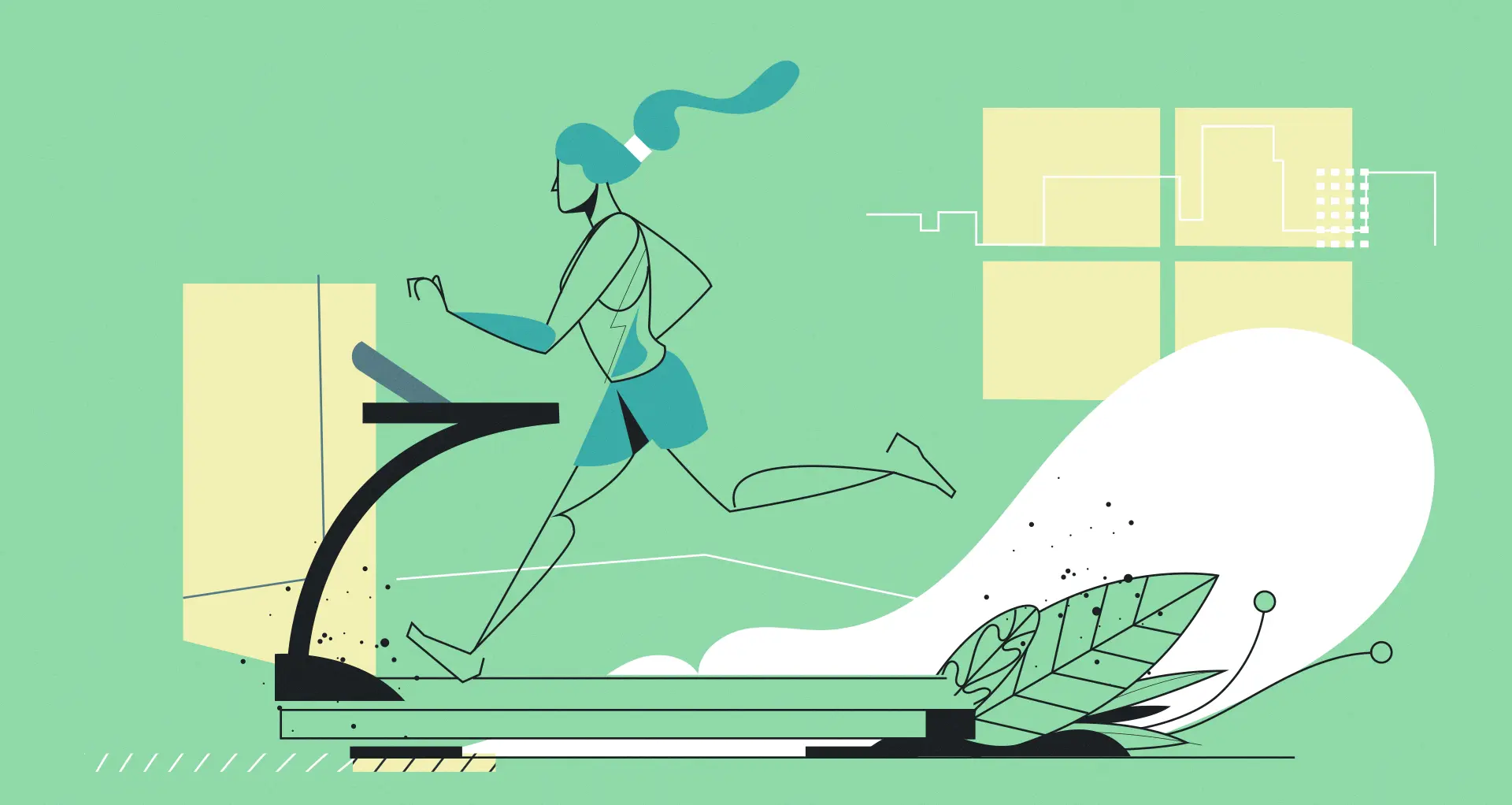 Stylized illustration of a woman running on a treadmill in a green-themed room, representing indoor cardio exercise and a healthy lifestyle.