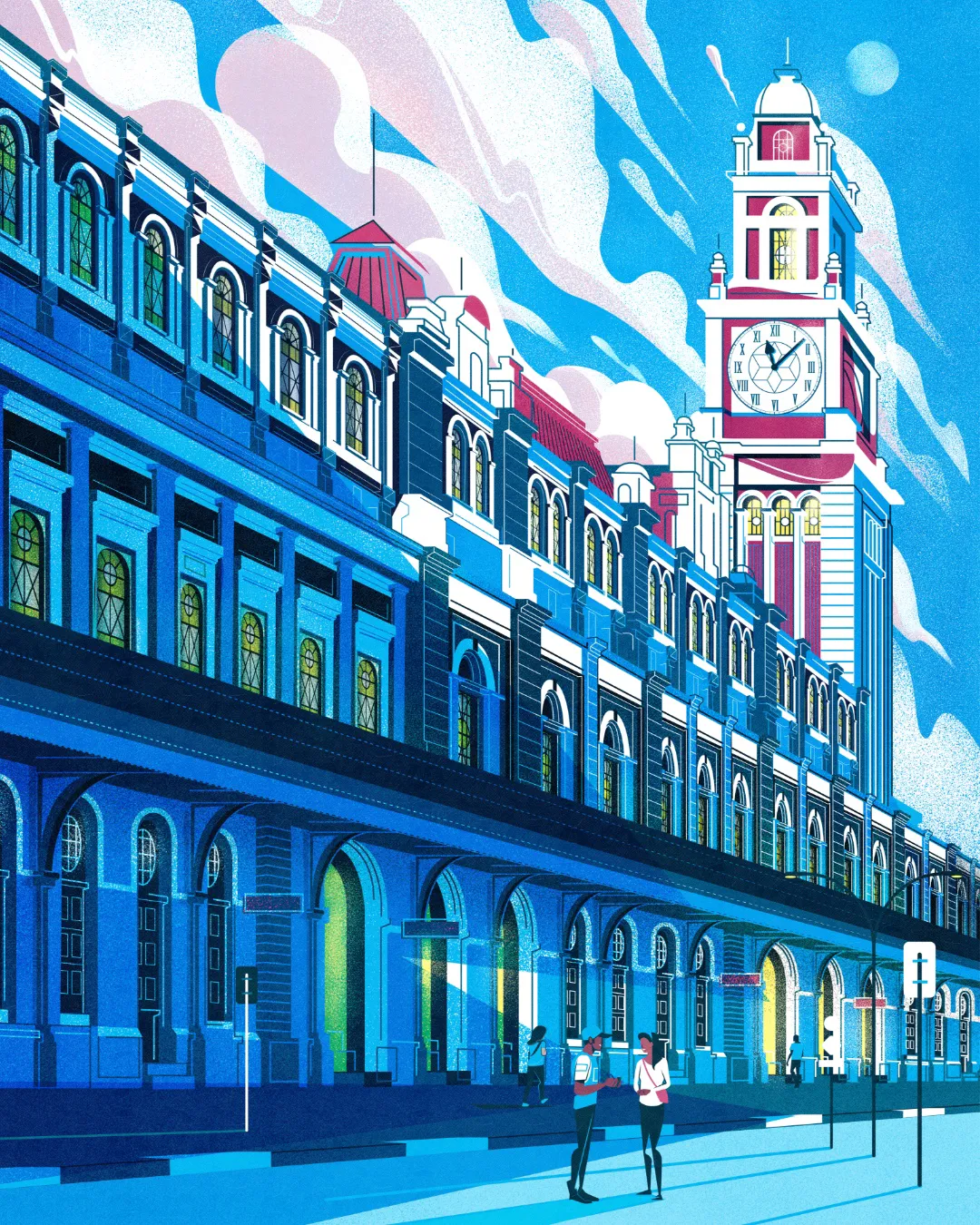 mathematics textbook cover illustration for the Geração Alpha collection, featuring an urban architectural landscape