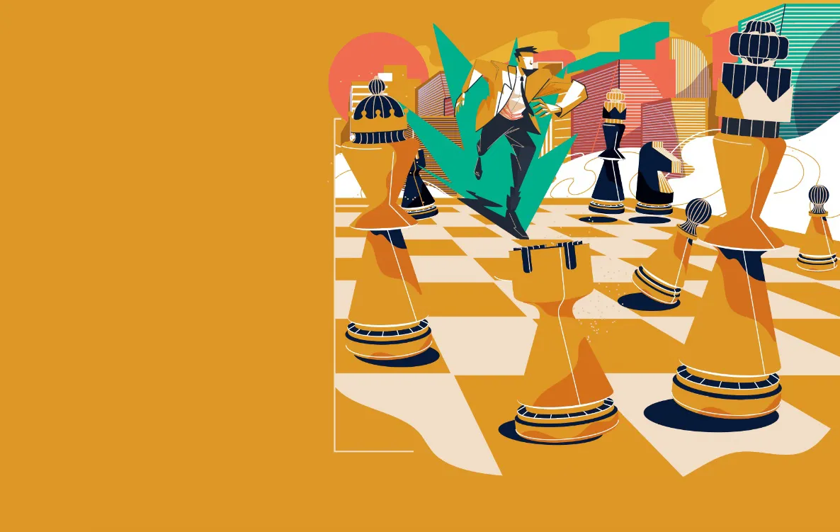 conceptual illustration of a chess game in a corporate landscape, representing long term planning, market intelligence, and competitive positioning in enterprise business