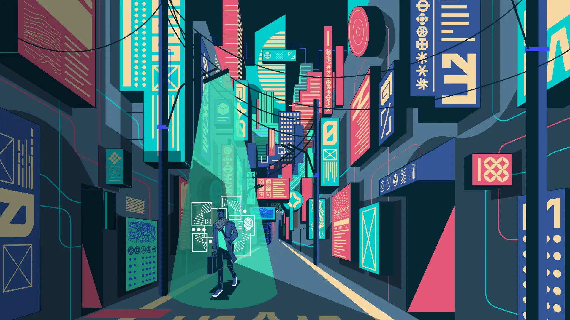 Futuristic city alley with colorful digital billboards and a person walking under a green spotlight surrounded by holographic interface elements.
