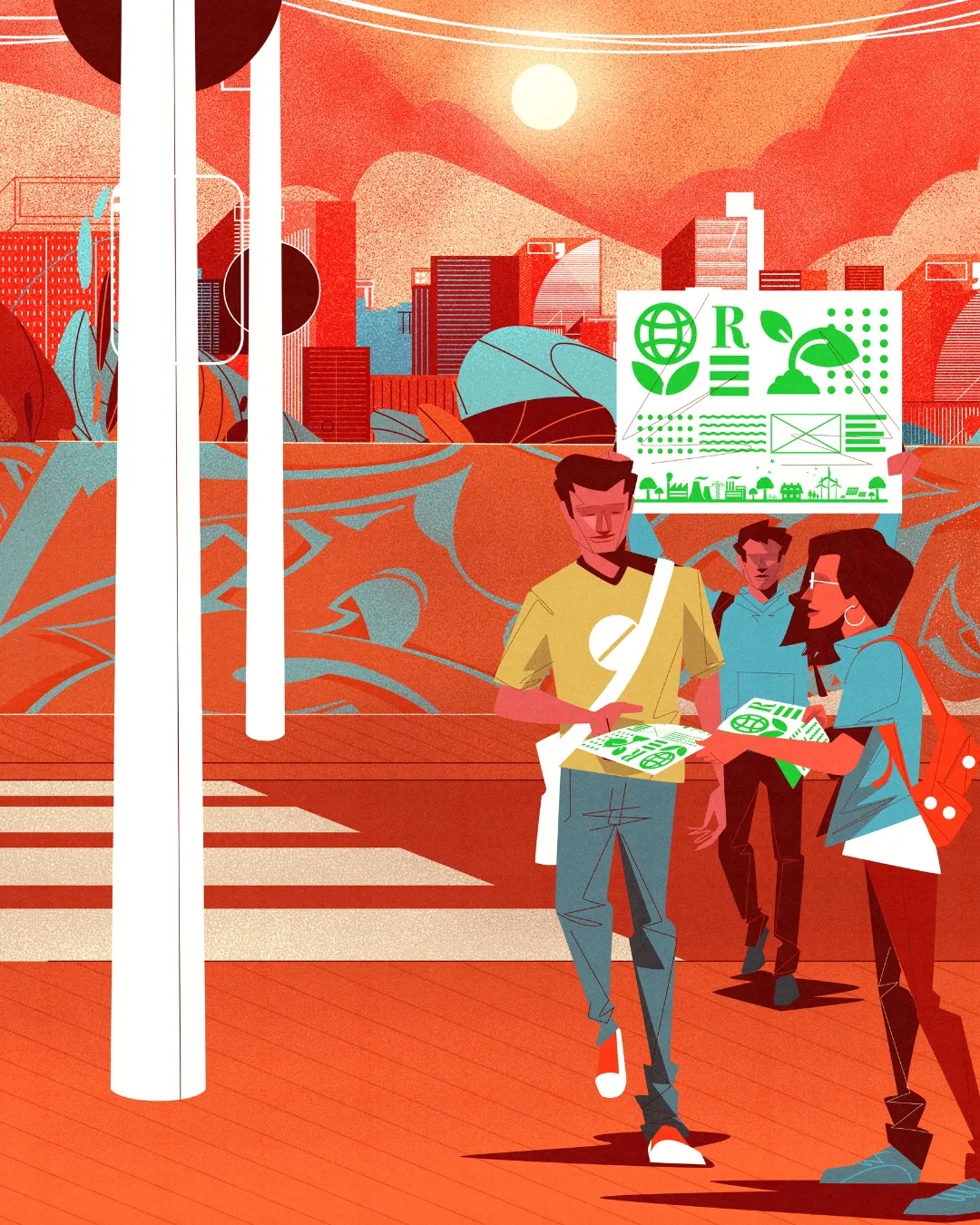 Cover illustration for Portuguese Language – Grade 9, showing students discussing ideas related to sustainability and citizenship in an urban setting.