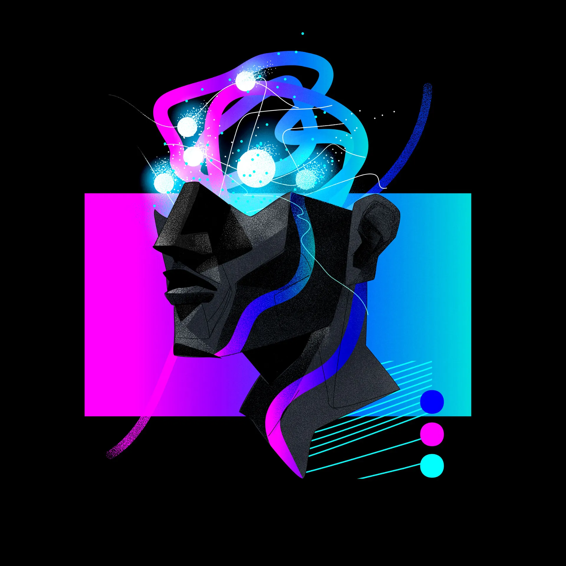 Abstract geometric dark human head sculpture with neon blue and purple lines emanating from the top, set against a gradient pink and blue rectangular background.