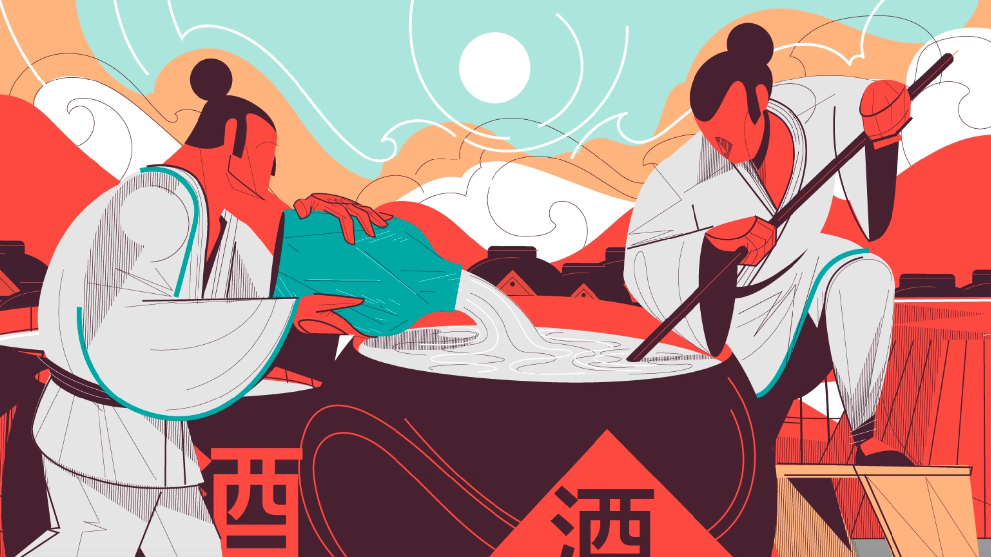 Illustration of people gathered outdoors with Baijiu cups and jars in a vibrant setting.