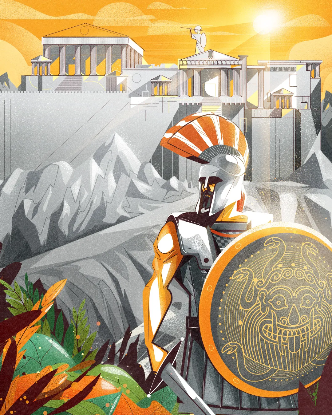 History textbook illustration showing an ancient warrior with helmet and shield standing in front of a classical city, representing ancient civilizations and early societies.
