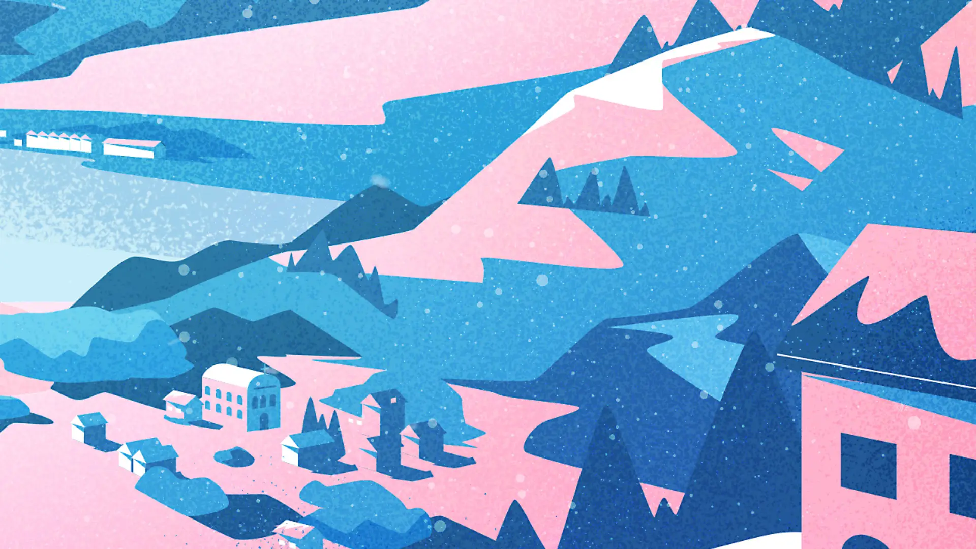 Stylized illustration of a village with blue and pink houses in a mountainous landscape.