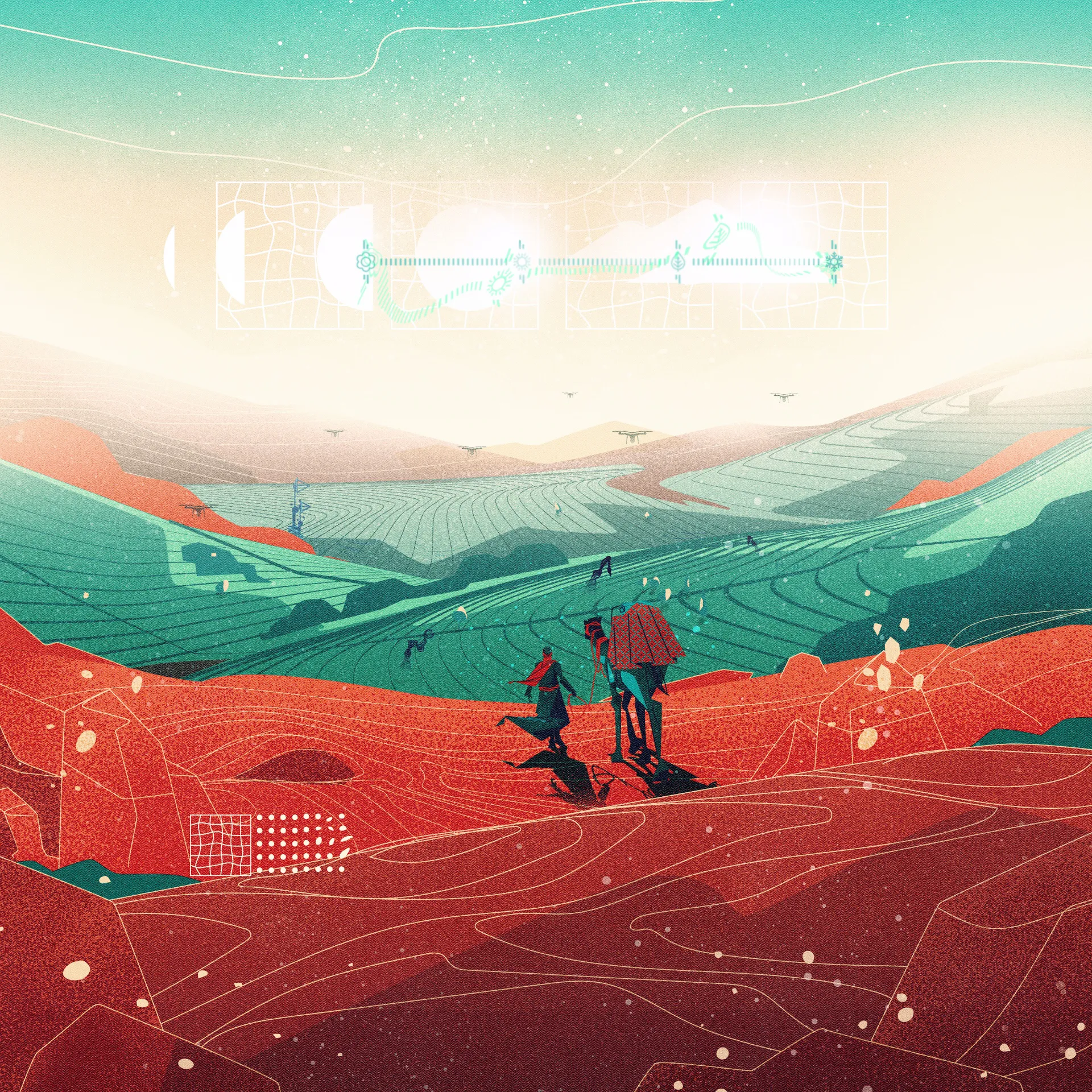Futuristic landscape illustration of red mountains and green terraced fields with a traveler on a camel and flying drones.