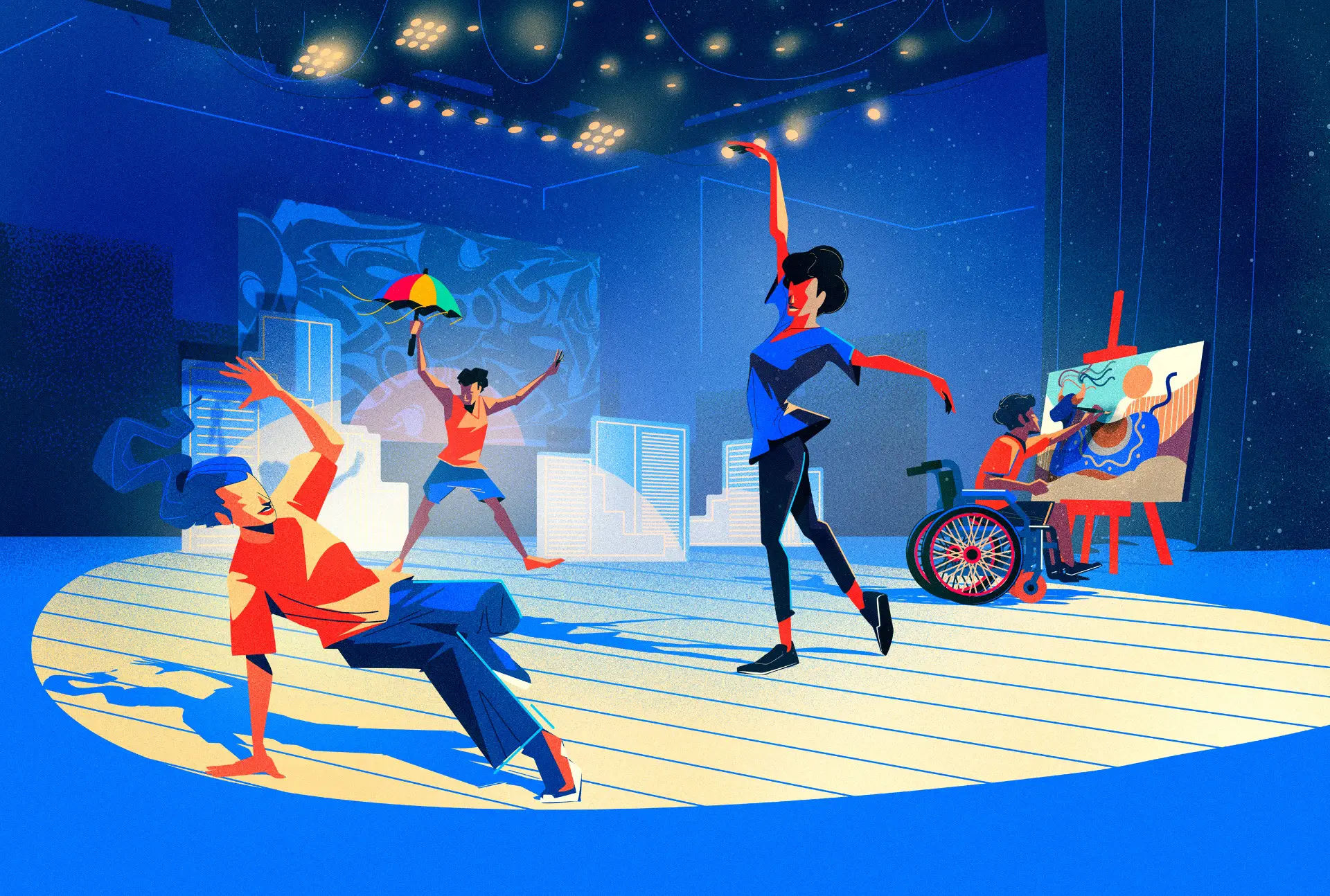 Colorful illustration of diverse people expressing creativity: a person breakdancing, another dancing with a rainbow umbrella, a ballerina posing, and an artist in a wheelchair painting on a canvas.