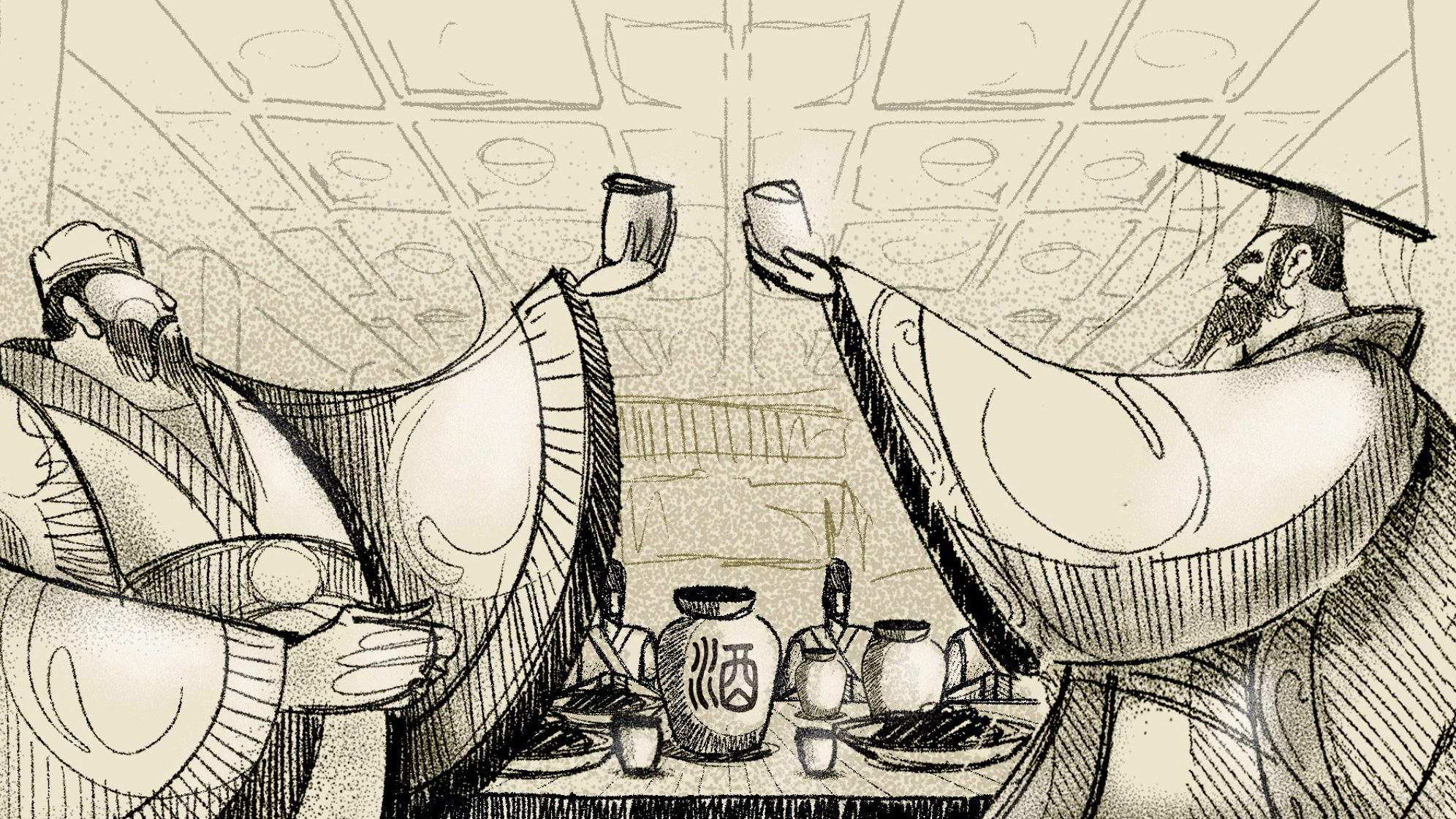 Sketch of Baijiu production workers carrying jars and vessels.