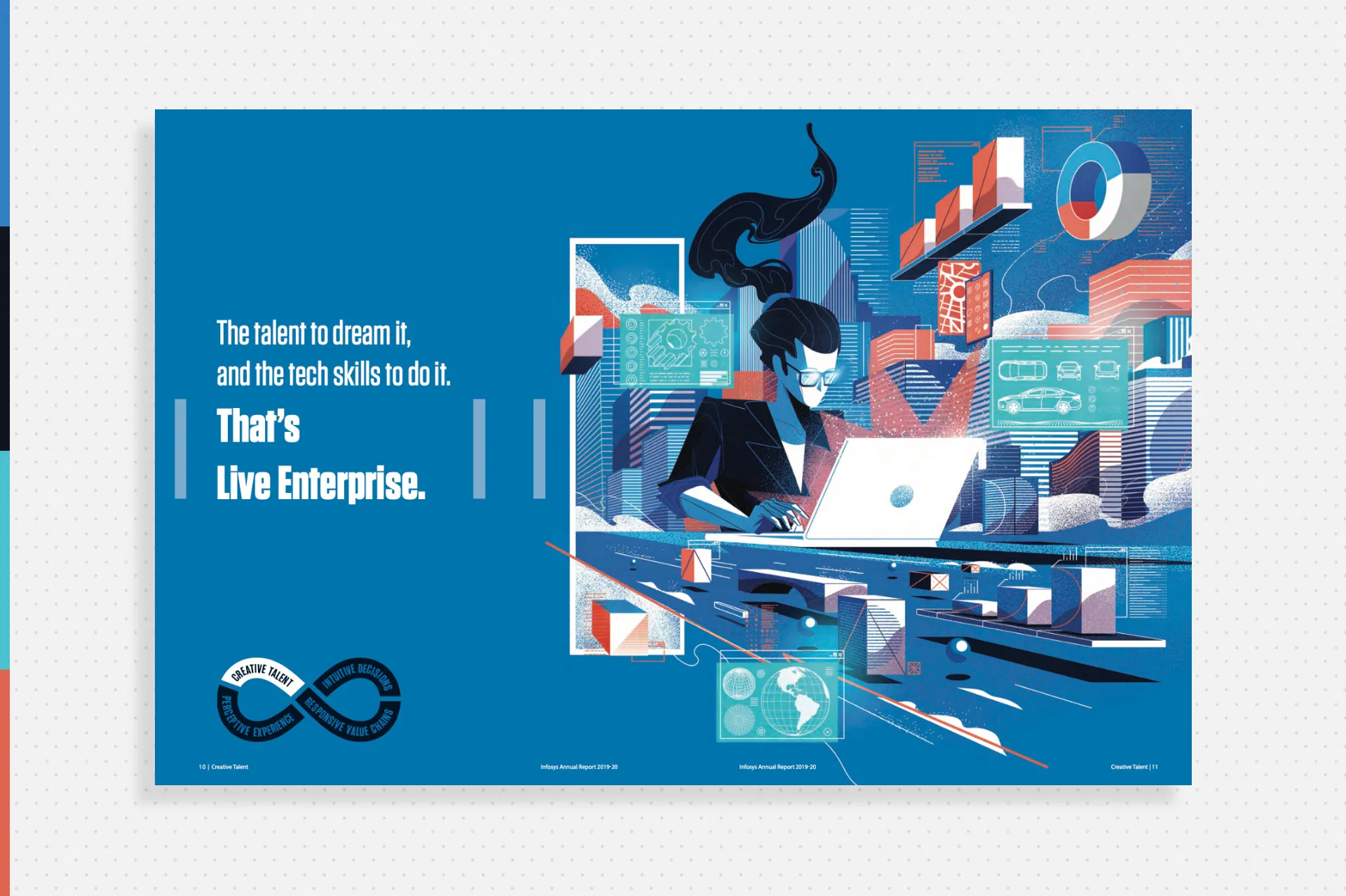 Editorial illustration for Infosys showing creative talent and technology skills, with a professional interacting with data visualizations in a futuristic urban environment.