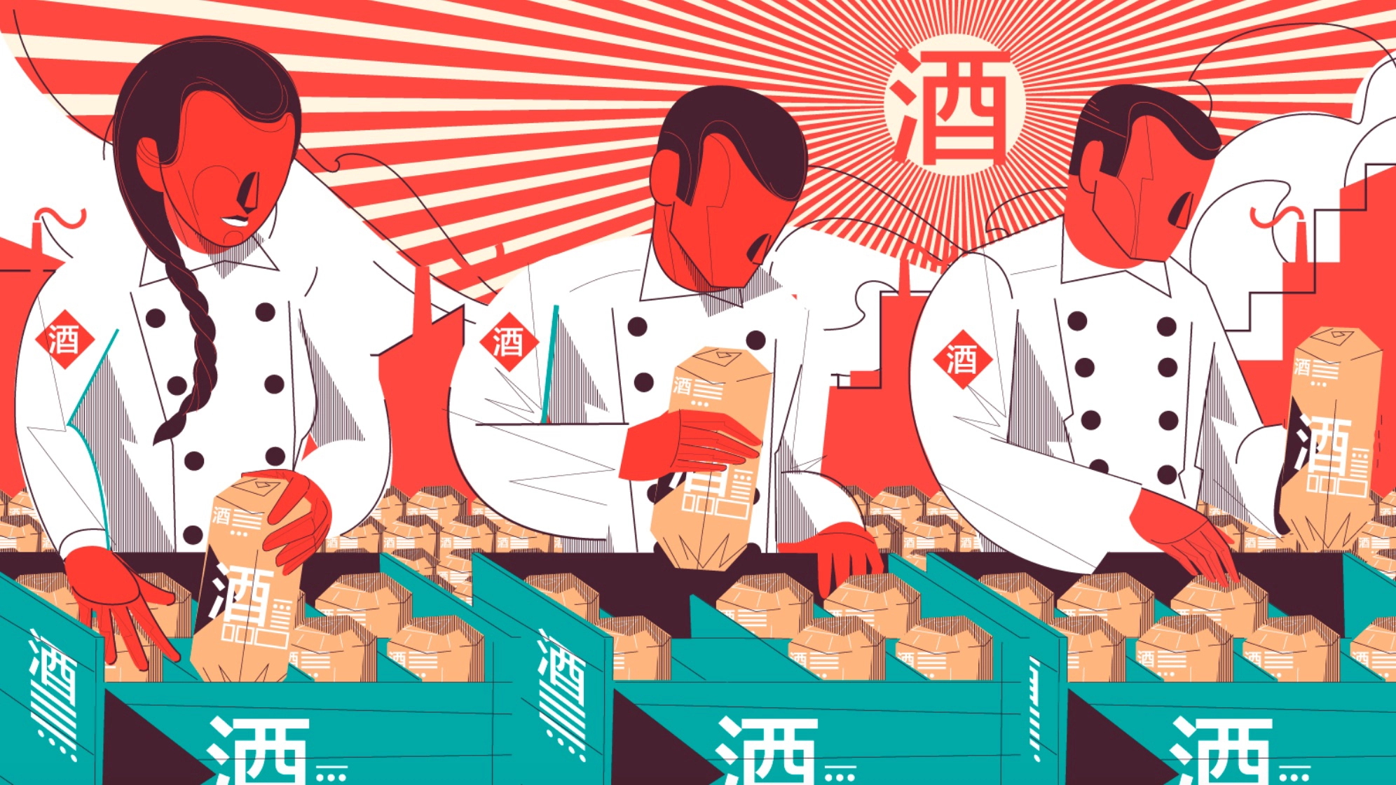 Illustration of chefs cutting and organizing food over decorated boxes.