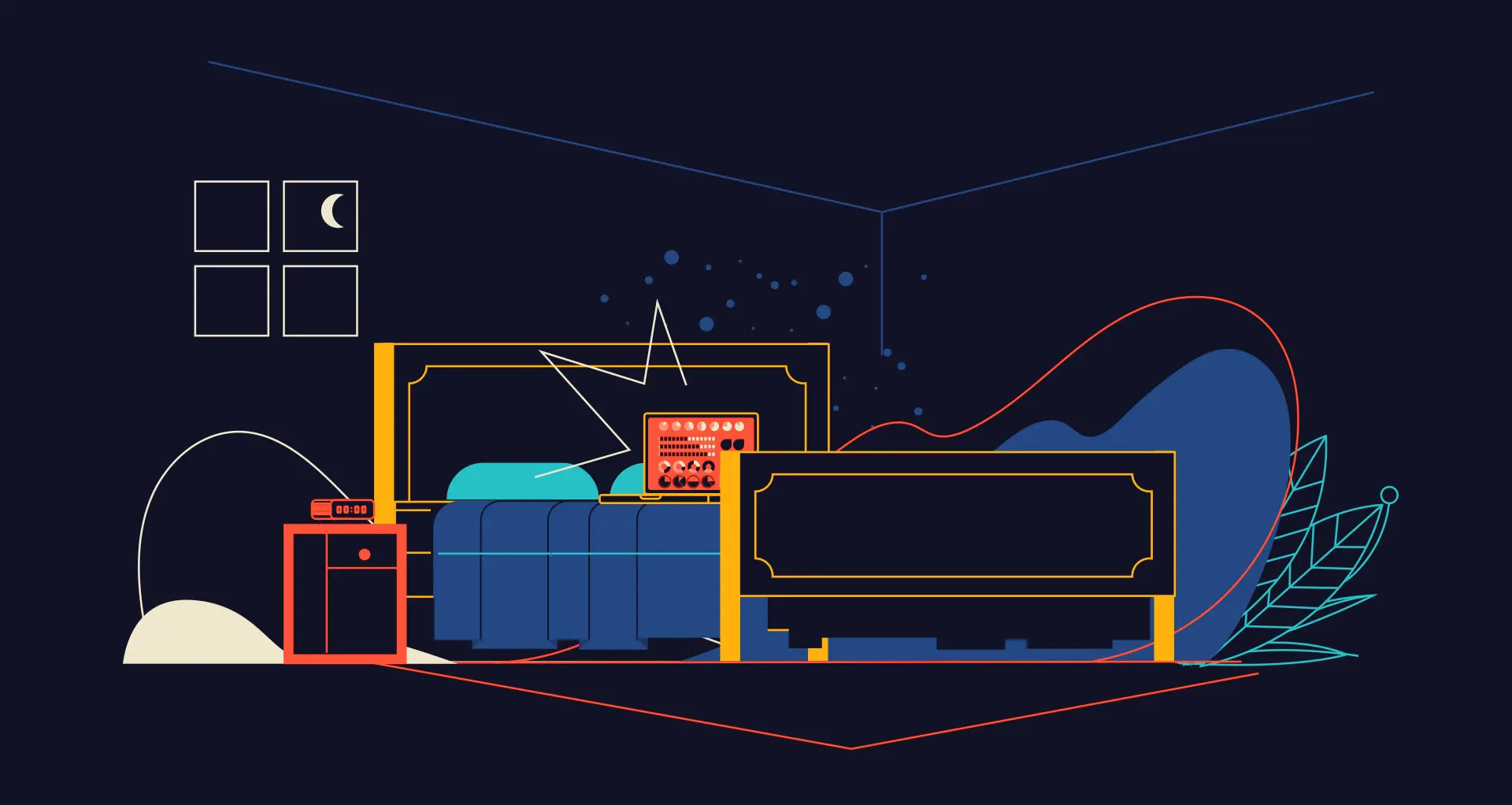 Illustration of a bedroom at night with a laptop on the bed and an alarm clock, representing the struggle with late-night screen time and sleep.