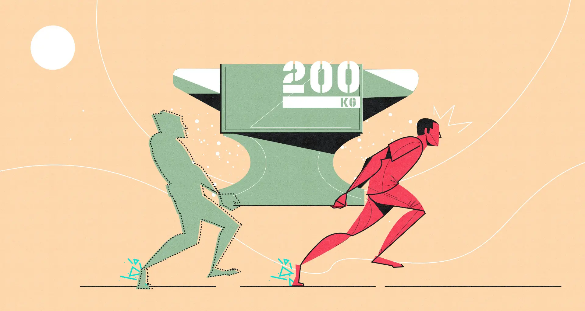 A man straining to carry a massive 200kg anvil on his back with a ghost-like shadow helping him, symbolizing the heavy burden of stress or hidden support.