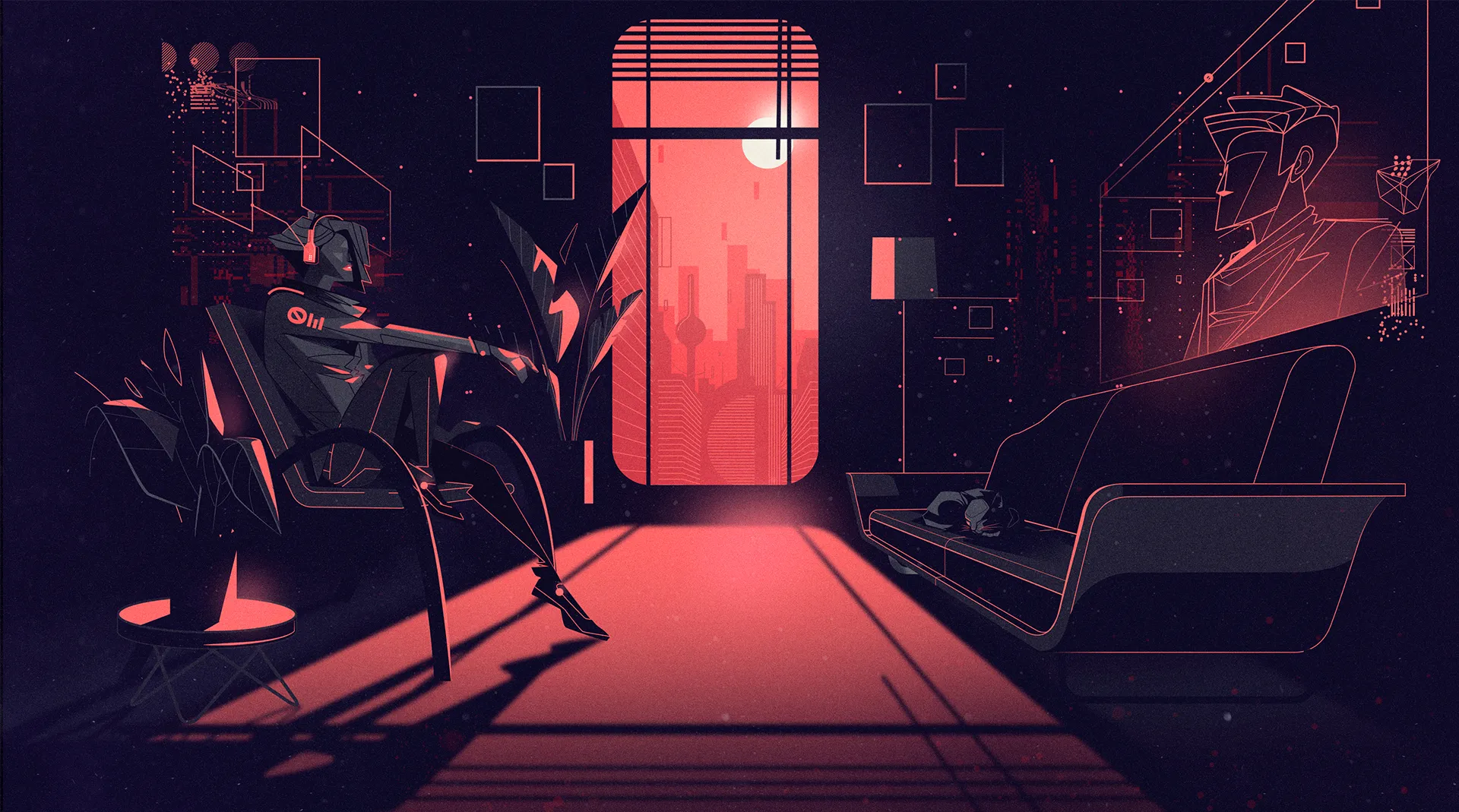 Futuristic scene showing a seated cybernetic figure opposite a holographic human outline, framed by digital interfaces and a glowing city window