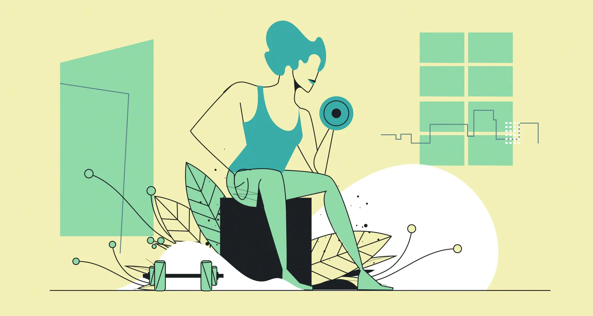Stylized drawing of a woman sitting on a box and lifting a dumbbell, illustrating strength training and home gym workouts.