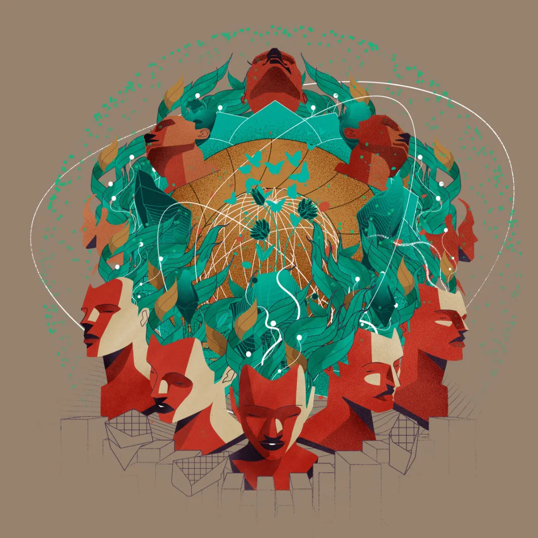 Surreal flat illustration of multiple red human profiles arranged in a circle with teal flowing hair and nature elements.