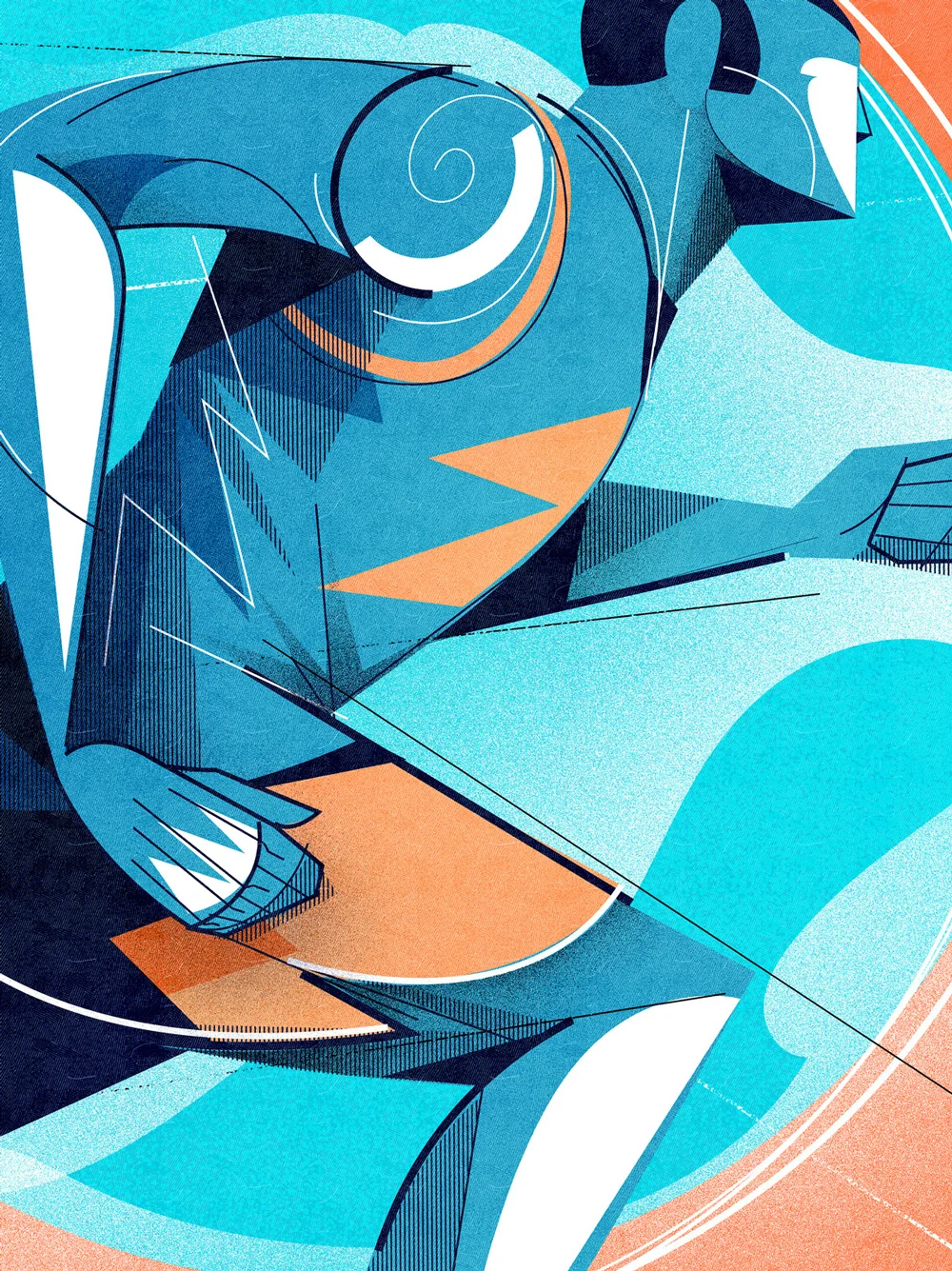 Abstract geometric illustration with swirling shapes and angular forms in blue and orange tones, suggesting movement, tension, and dynamic balance.