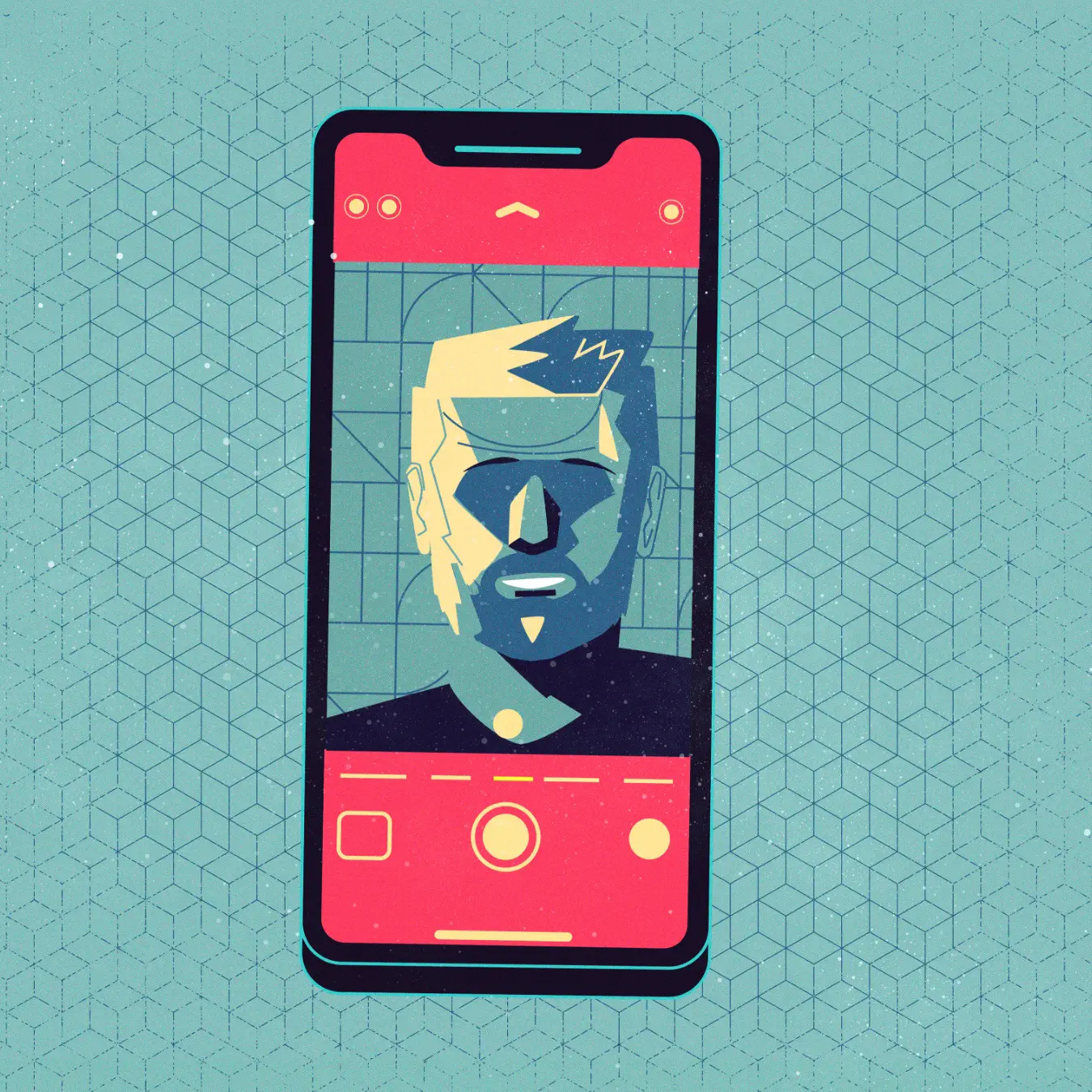 Stylized illustration of a smartphone screen displaying a digital portrait of a man with abstract geometric facial features and a beard.