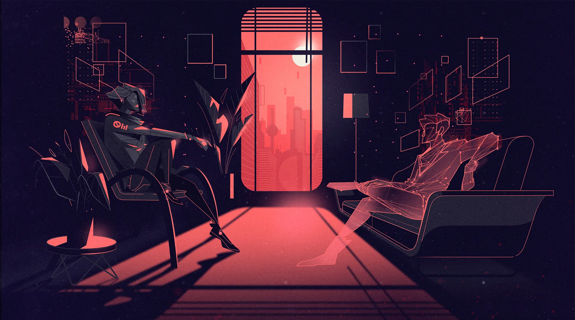 Futuristic interior scene with a cybernetic figure seated and another represented as a digital outline, exploring identity and human-machine dialogue