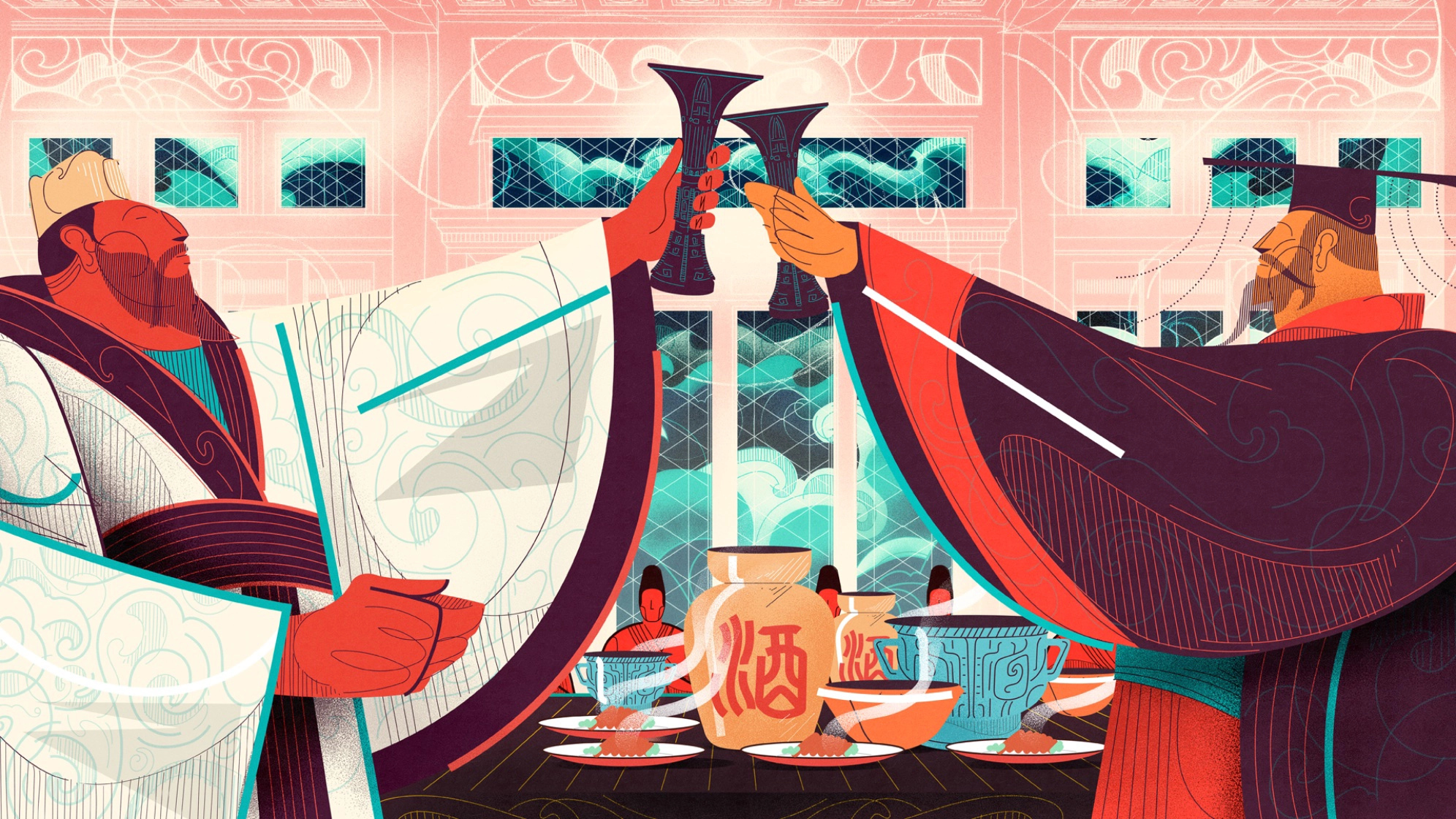 Illustration of workers pouring Baijiu from large traditional jars in a courtyard.