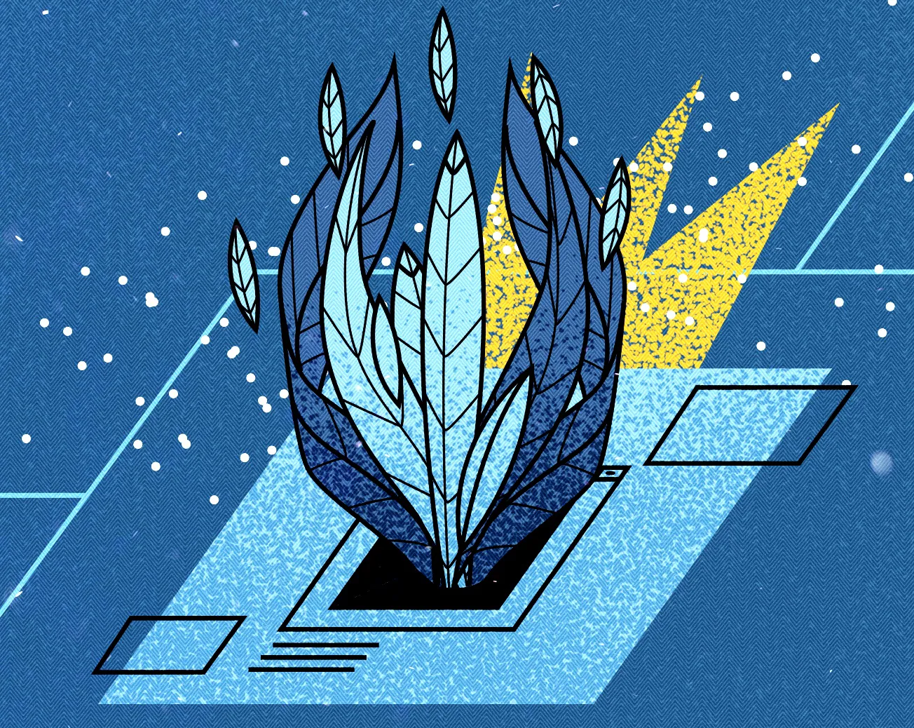 Abstract digital illustration of blue and light blue leaves rising from a square hole on a textured blue background with yellow accents and scattered white dots.