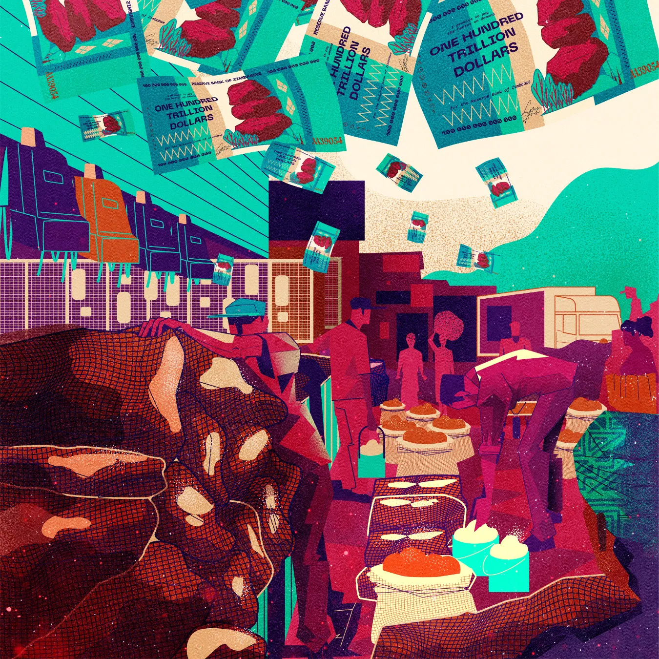 Illustration of a market scene with people buying and selling goods, with large Zimbabwean 100 trillion dollar bills floating overhead.