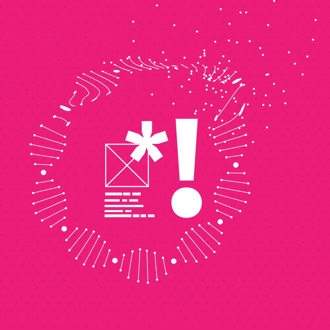 Circular abstract diagram with white symbols, exclamation mark, and geometric icons over a pink background, representing alert, insight, and information systems