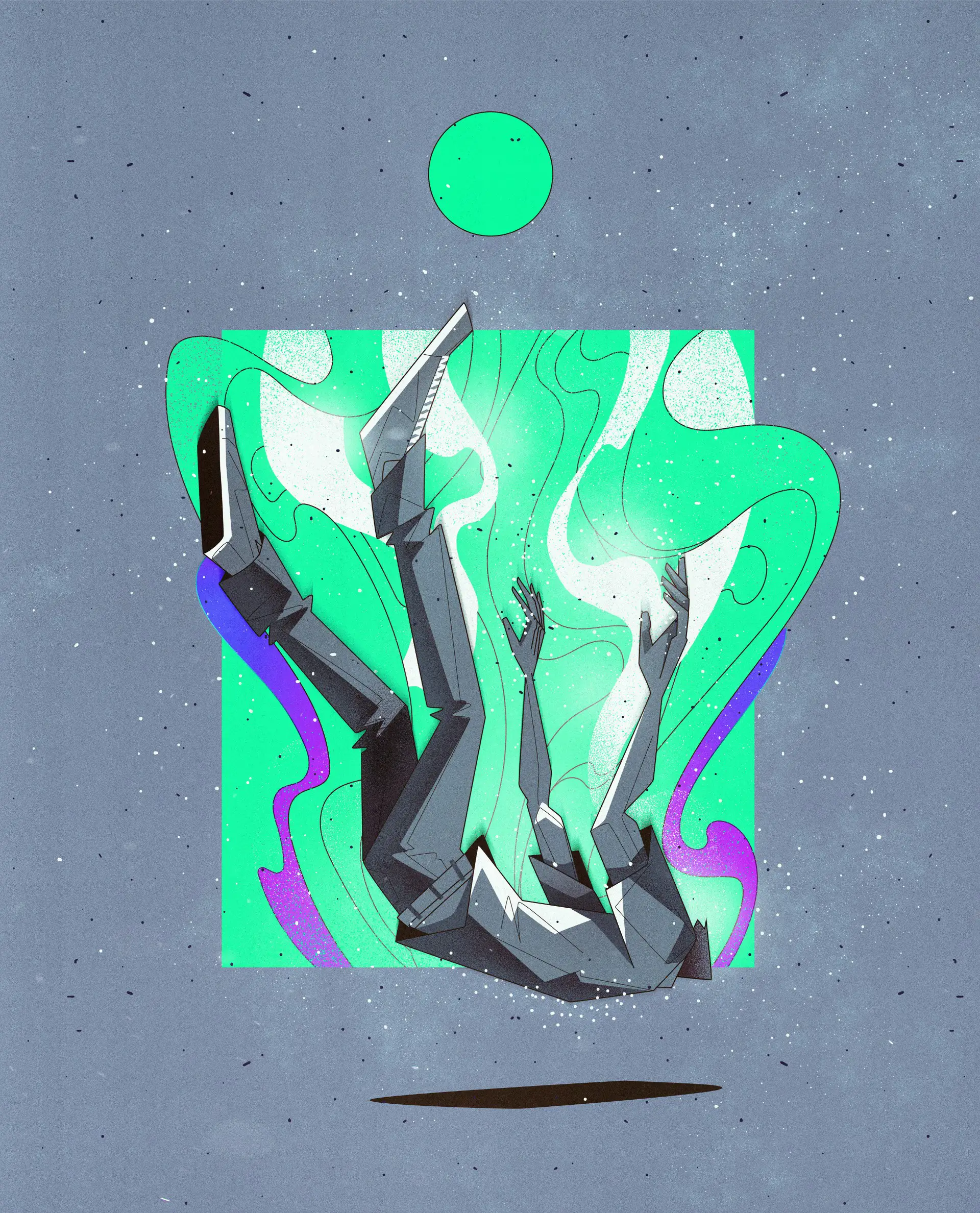 Human figure leaning backward in mid-air, surrounded by cosmic textures and flowing chromatic forms, expressing the moment where falling becomes a passage toward expanded awareness.