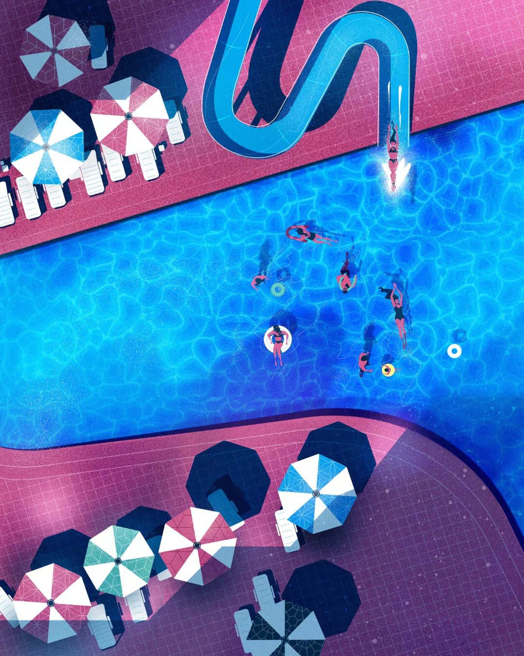 Grade 8 mathematics textbook cover illustration for the Geração Alpha collection, featuring a top view of a swimming pool and geometric patterns