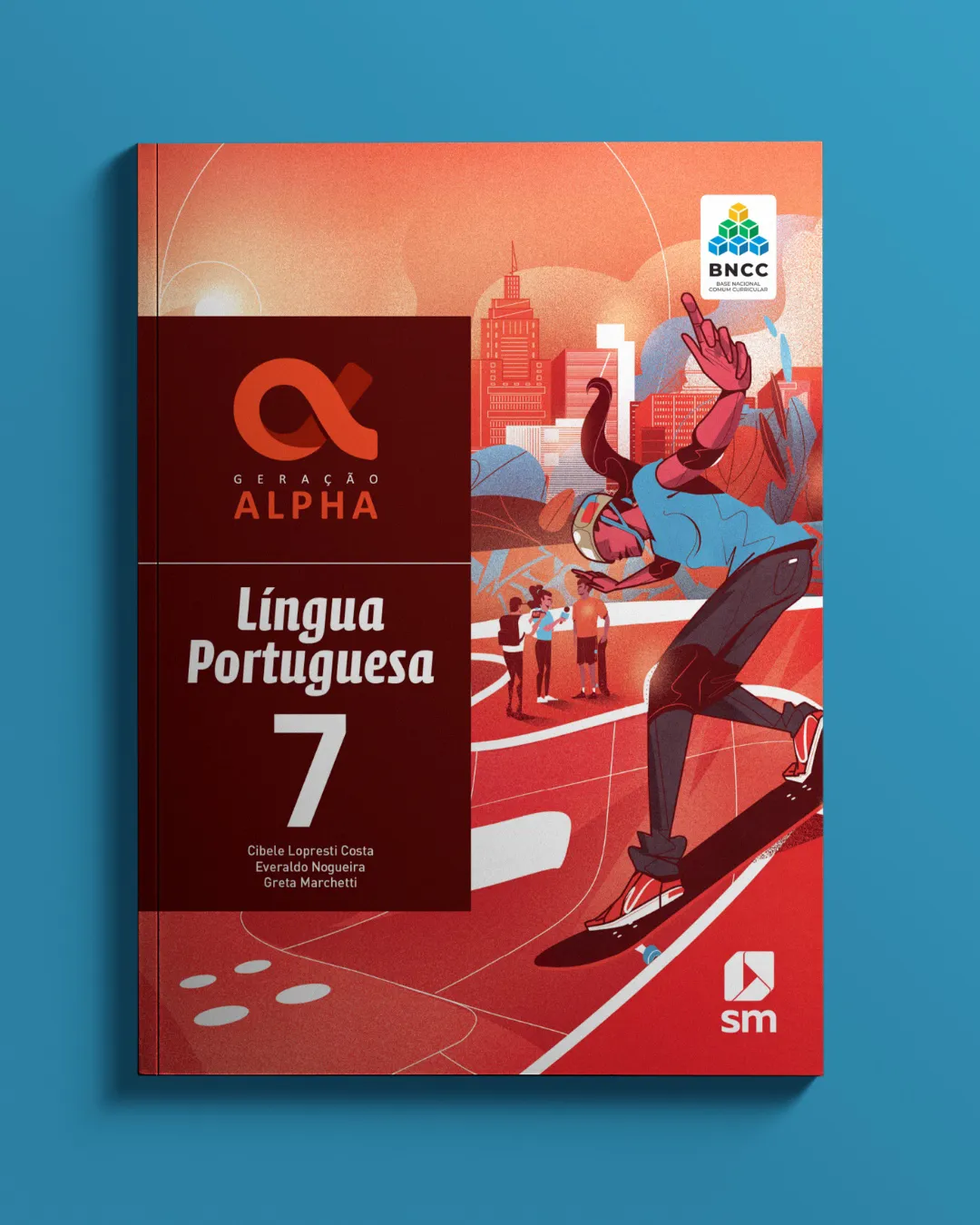 Interior illustration showing a skateboarder interacting with peers in a city environment, connecting movement, dialogue, and contemporary culture.