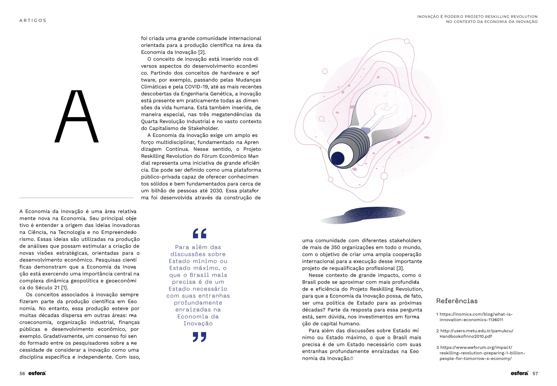 Magazine spread featuring an article on innovation economy with text columns, a large stylized letter 'A', a quote in blue text, and an illustration of a light bulb with a wrench inside and abstract pink lines around it.