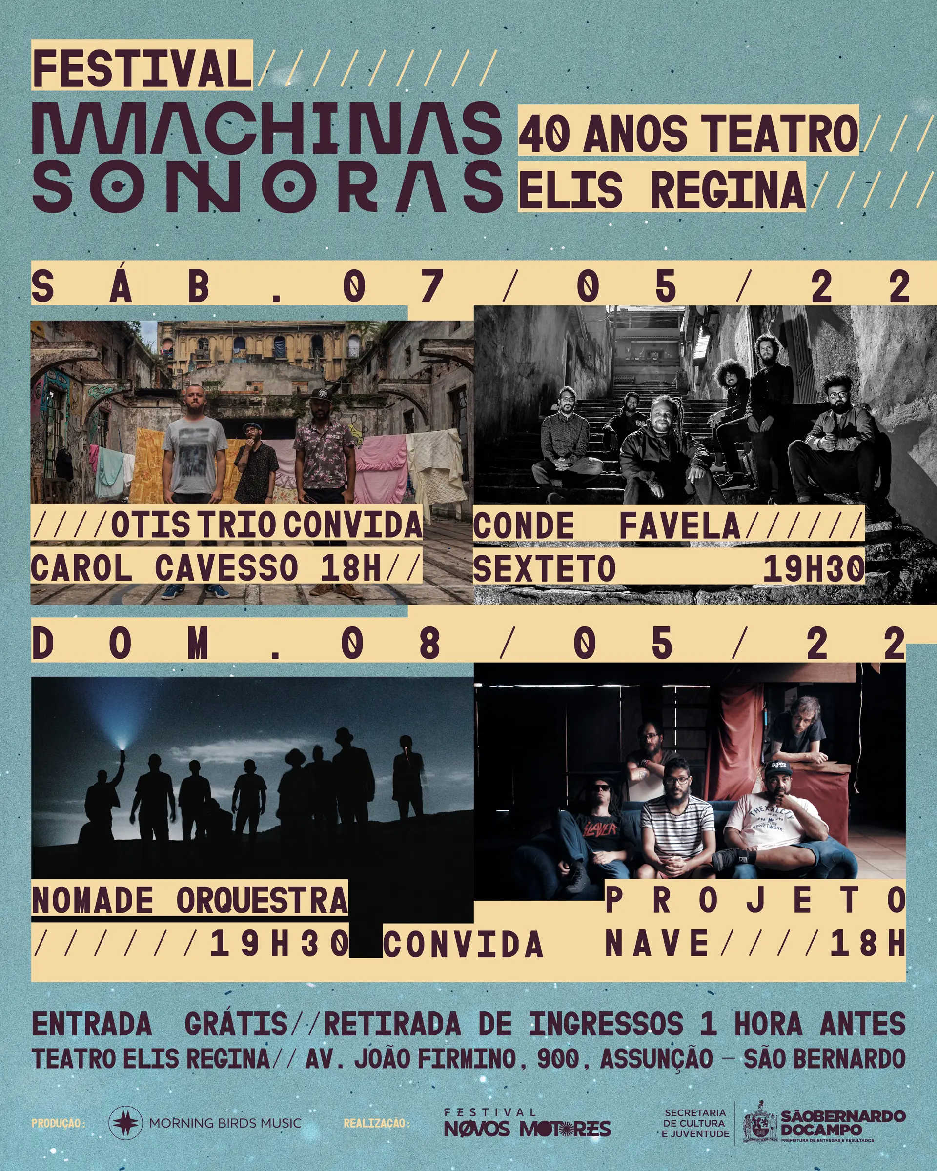 Festival Machinas Sonoras poster showing event details with group photos of Otis Trio, Conde Favela Sexteto, Nomade Orquestra, and Projeto Nave bands.