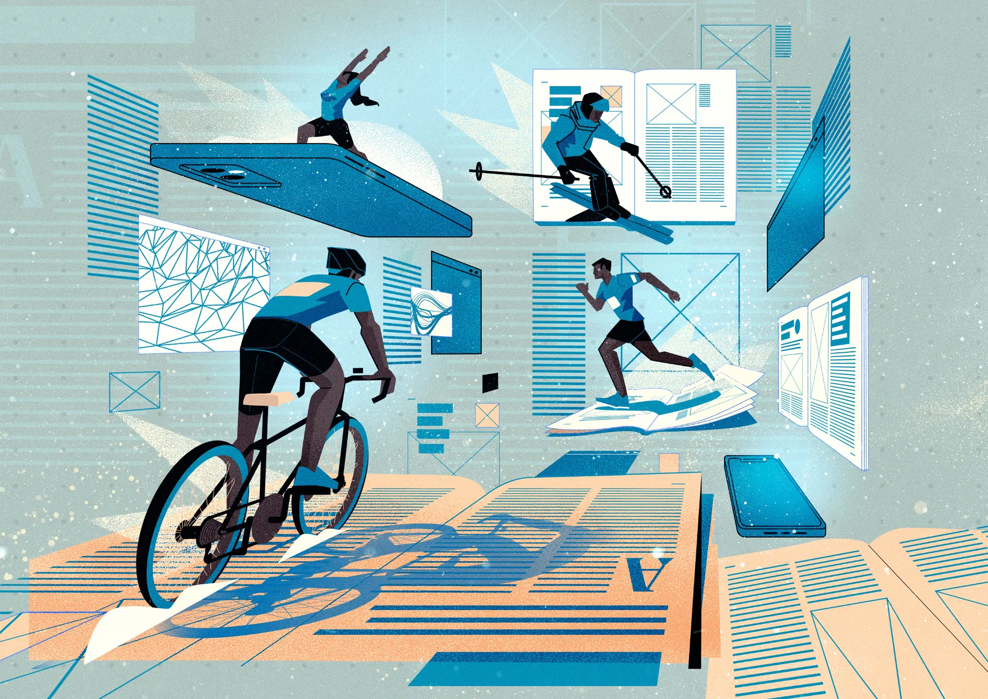 Illustration of a cyclist, a runner, a skier, and a yoga practitioner engaging in sports overlaid on floating digital documents and screens.