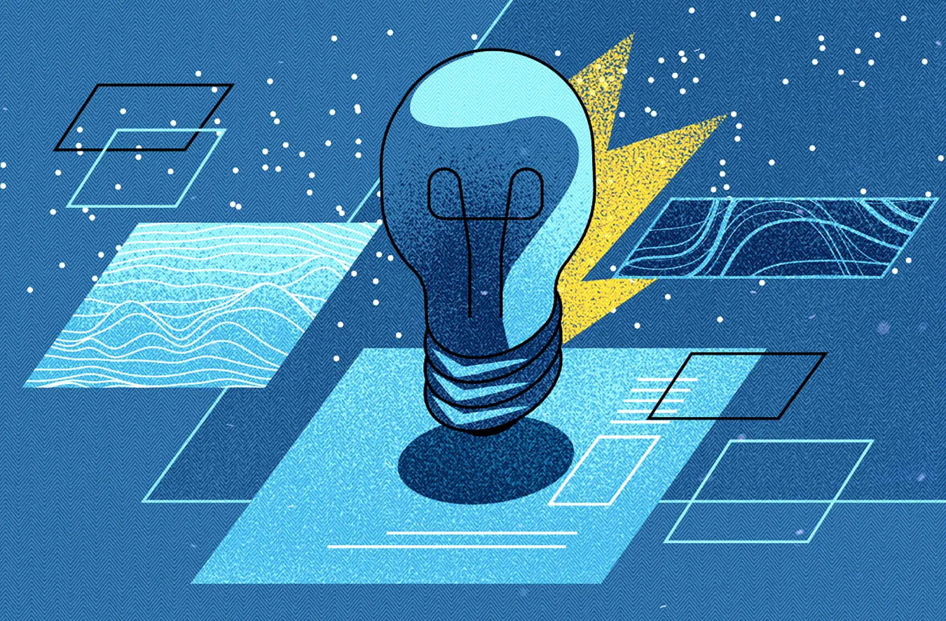 Illustration of a blue light bulb with a yellow lightning bolt behind it, surrounded by geometric shapes and a starry background.