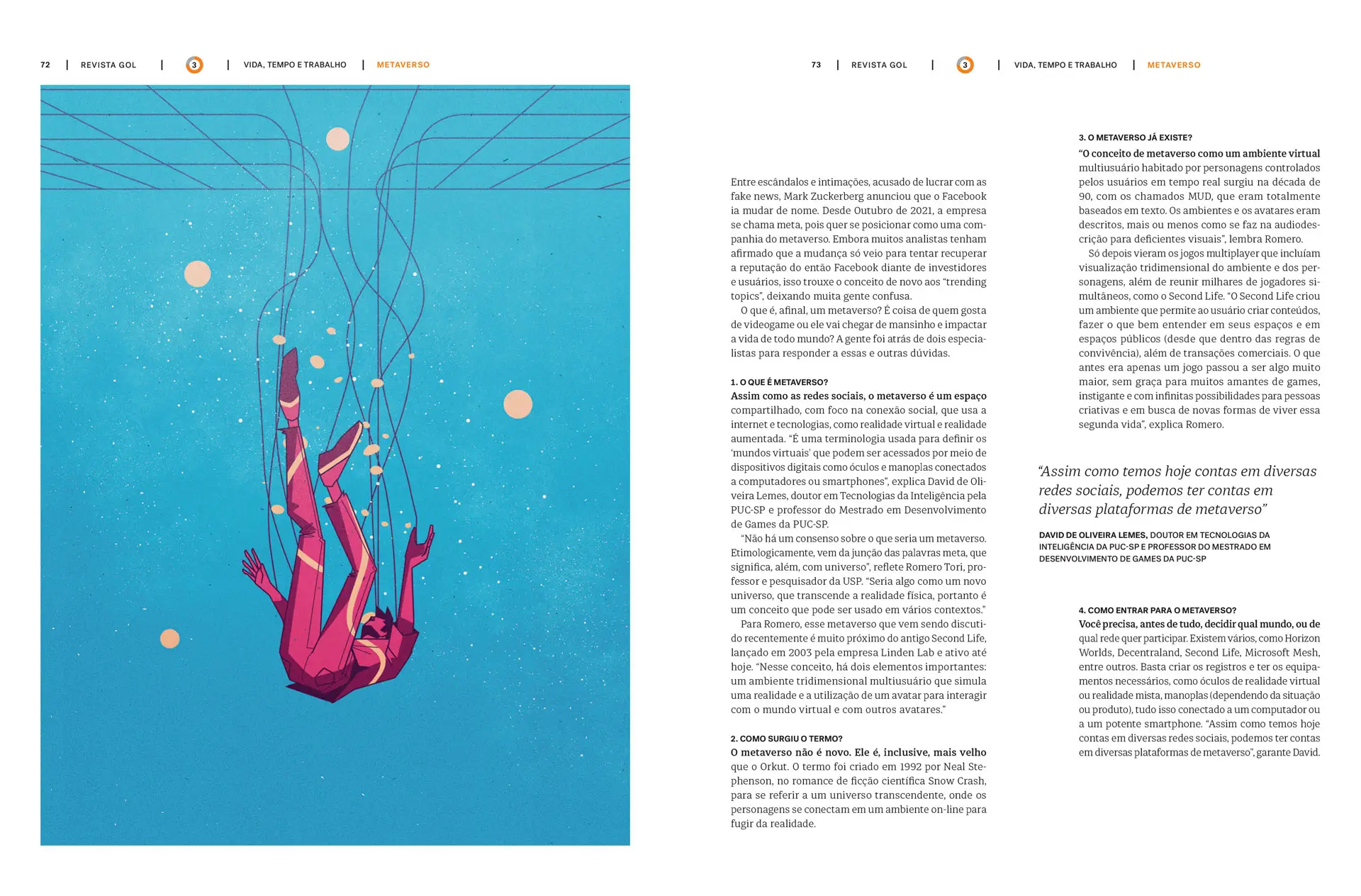 Magazine spread with an illustration of a person in a pink suit suspended by wires on the left and a detailed article about the metaverse on the right in Portuguese.