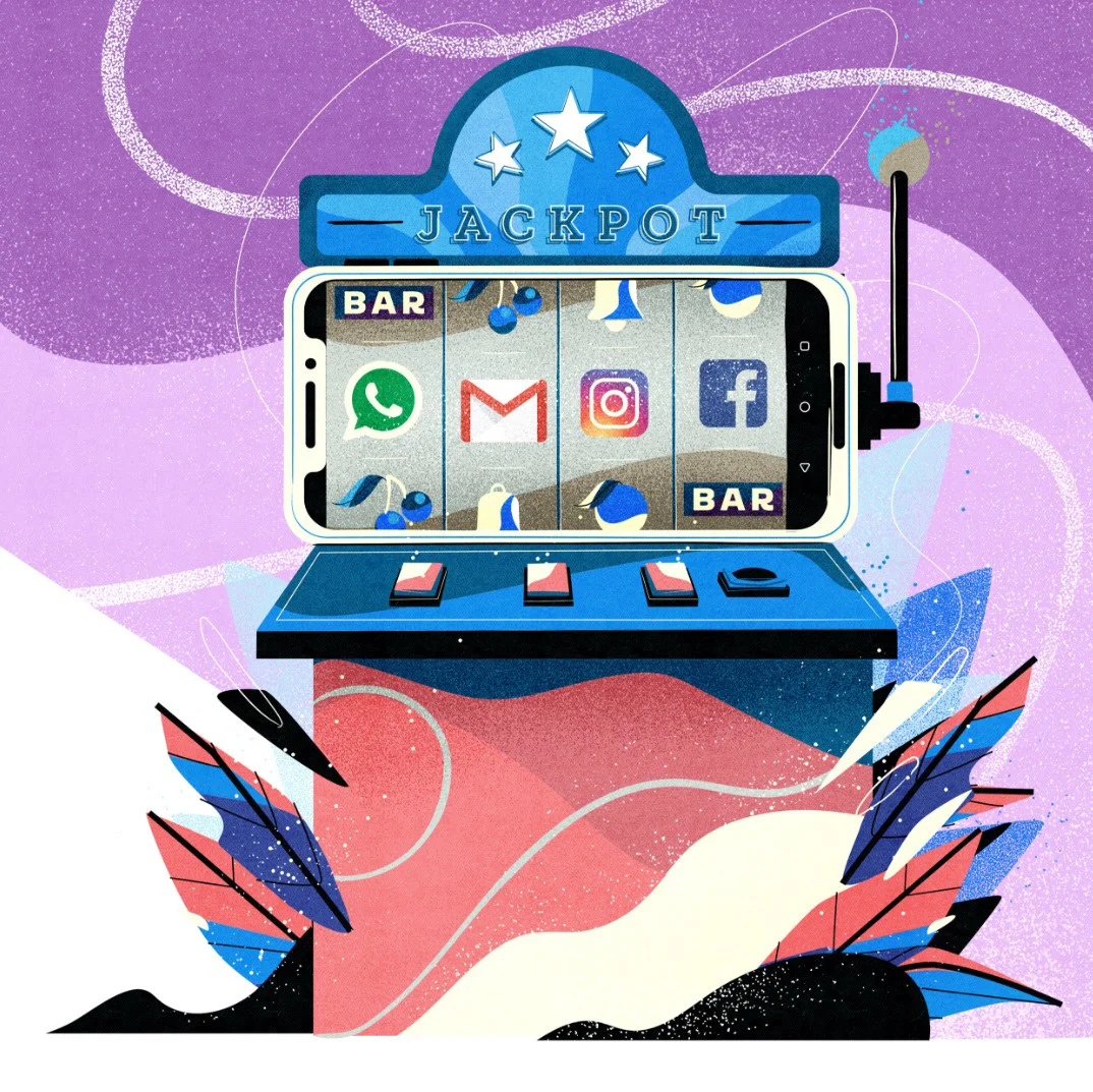  Illustration of a slot machine designed as a smartphone displaying social media icons, symbolizing digital addiction, chance, and dopamine-driven apps.
