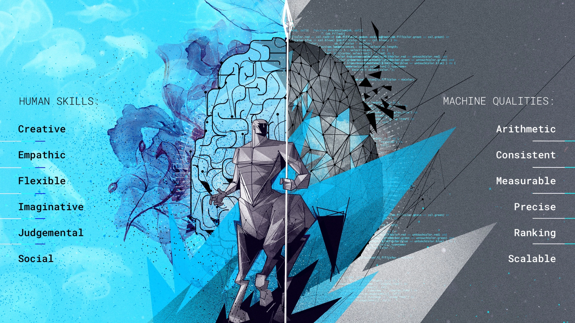 Abstract collage combining human figures, maps, and geometric technological elements.