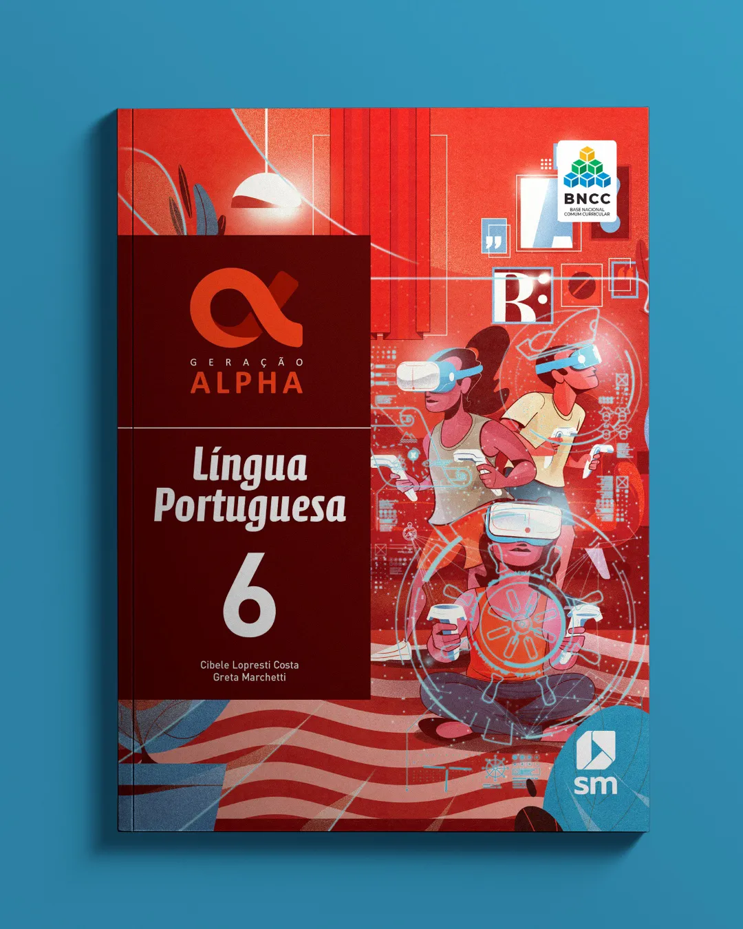 Interior illustration of students using virtual reality devices, surrounded by symbols and interfaces that represent language, technology, and imagination.