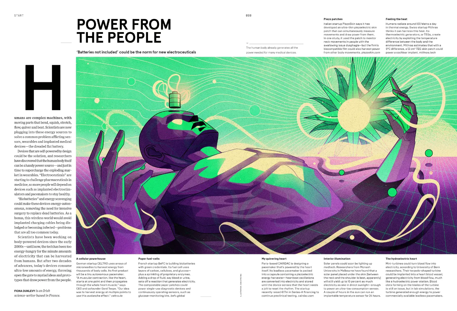 Illustration of a reclining purple human figure with green highlights symbolizing energy flow, holding a radiant sun-like orb, surrounded by wavy lines and text about body-powered medical devices and electroceuticals.