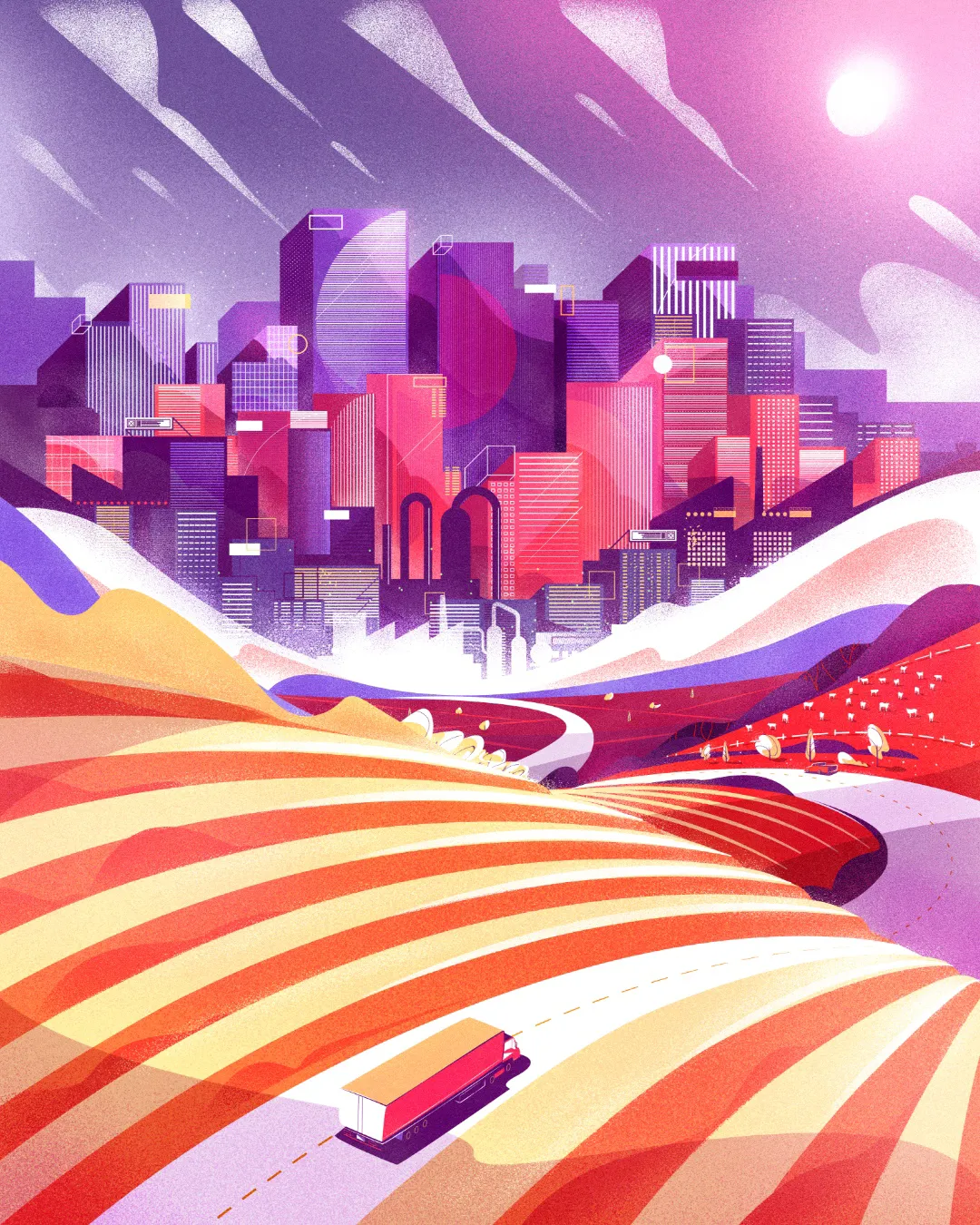 Illustrated book cover for Geografia 7 from the Geração Alpha collection, showing a modern city skyline connected to agricultural landscapes by winding roads, representing mobility and spatial organization.