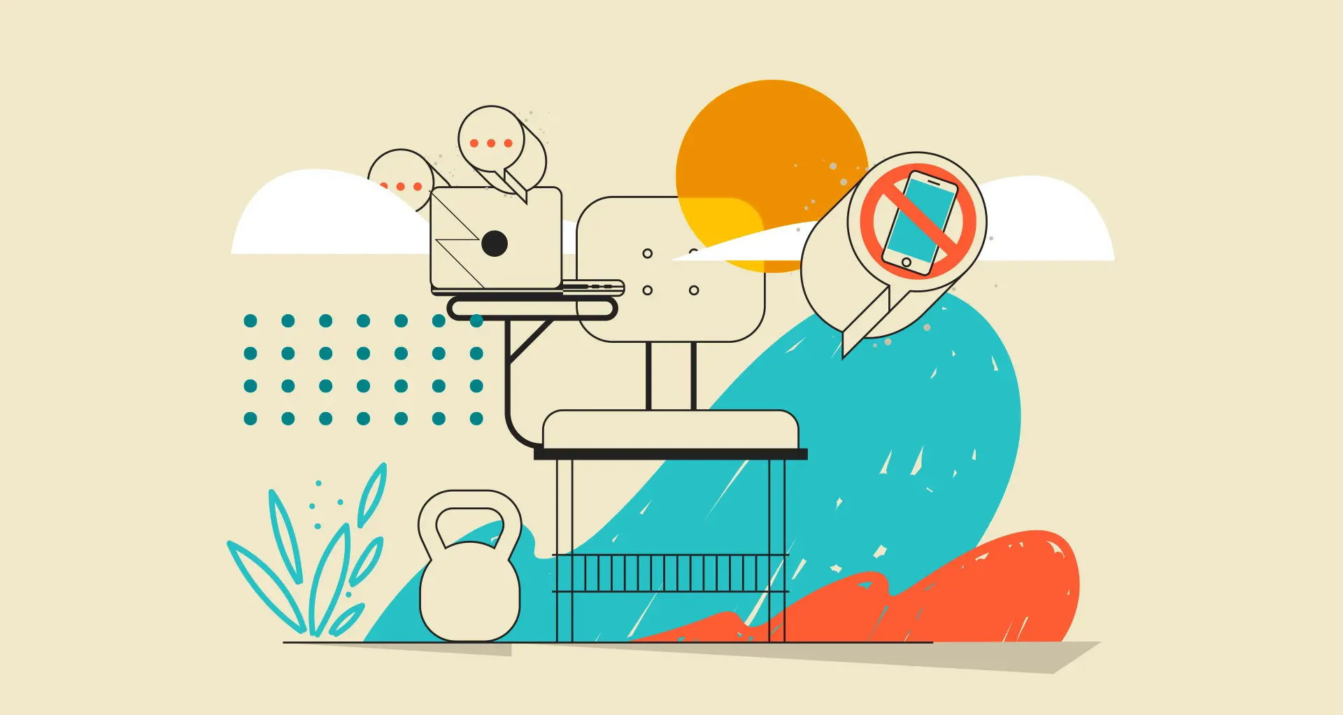 Illustration of a school desk with a laptop and a "no smartphone" sign, representing digital detox and focus during study or work.