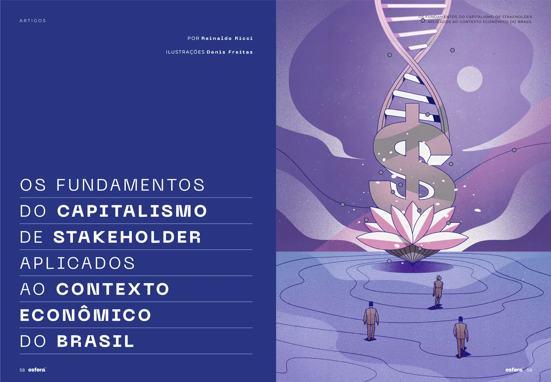 Illustration of a large dollar sign emerging from a lotus flower under a DNA helix with three business people approaching on concentric path lines, alongside text about capitalism and stakeholder economics in Brazil.