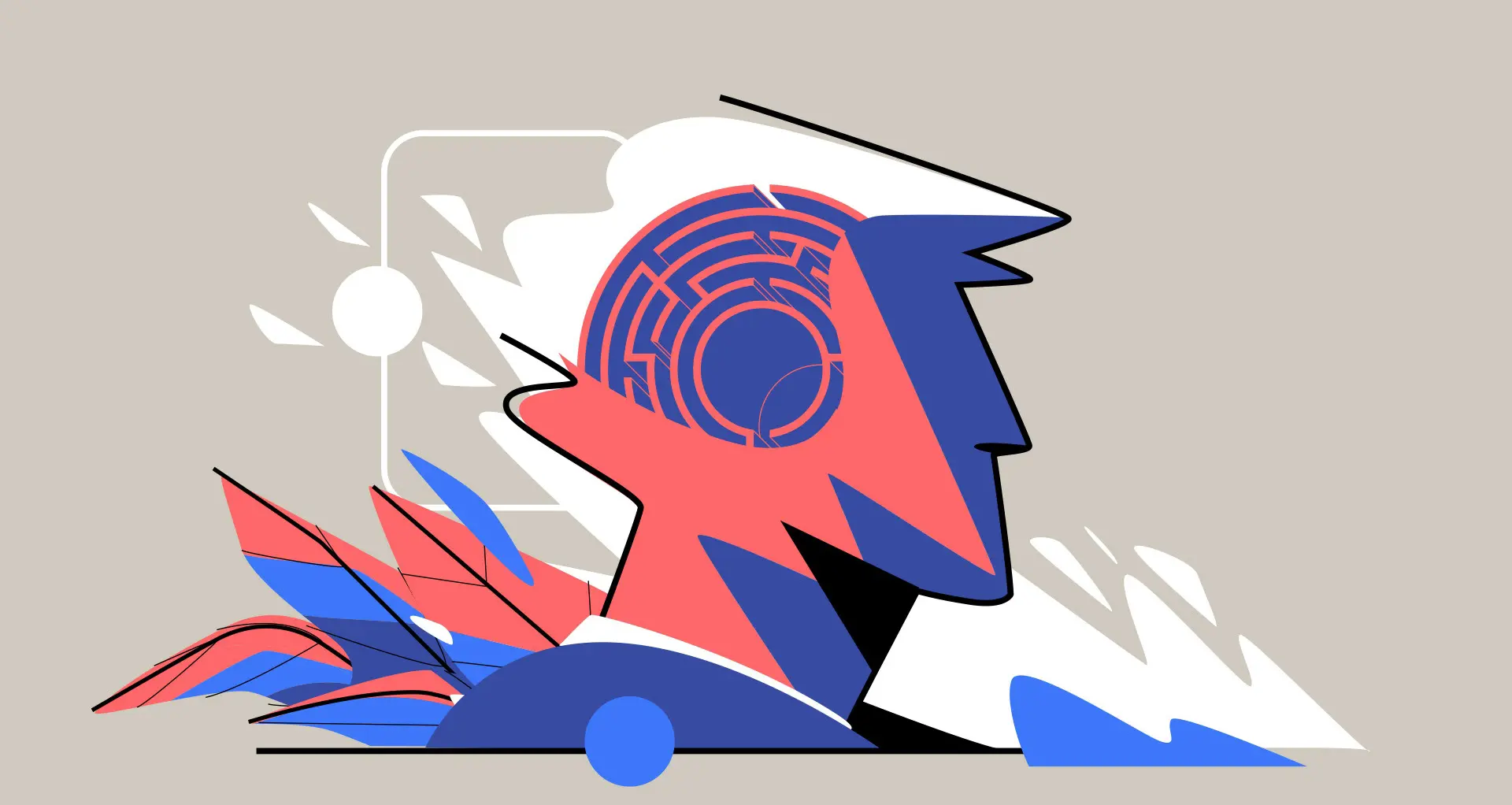 Profile view of a man's head with a complex circular maze inside the brain, symbolizing mental health, cognitive processing, and psychological challenges.