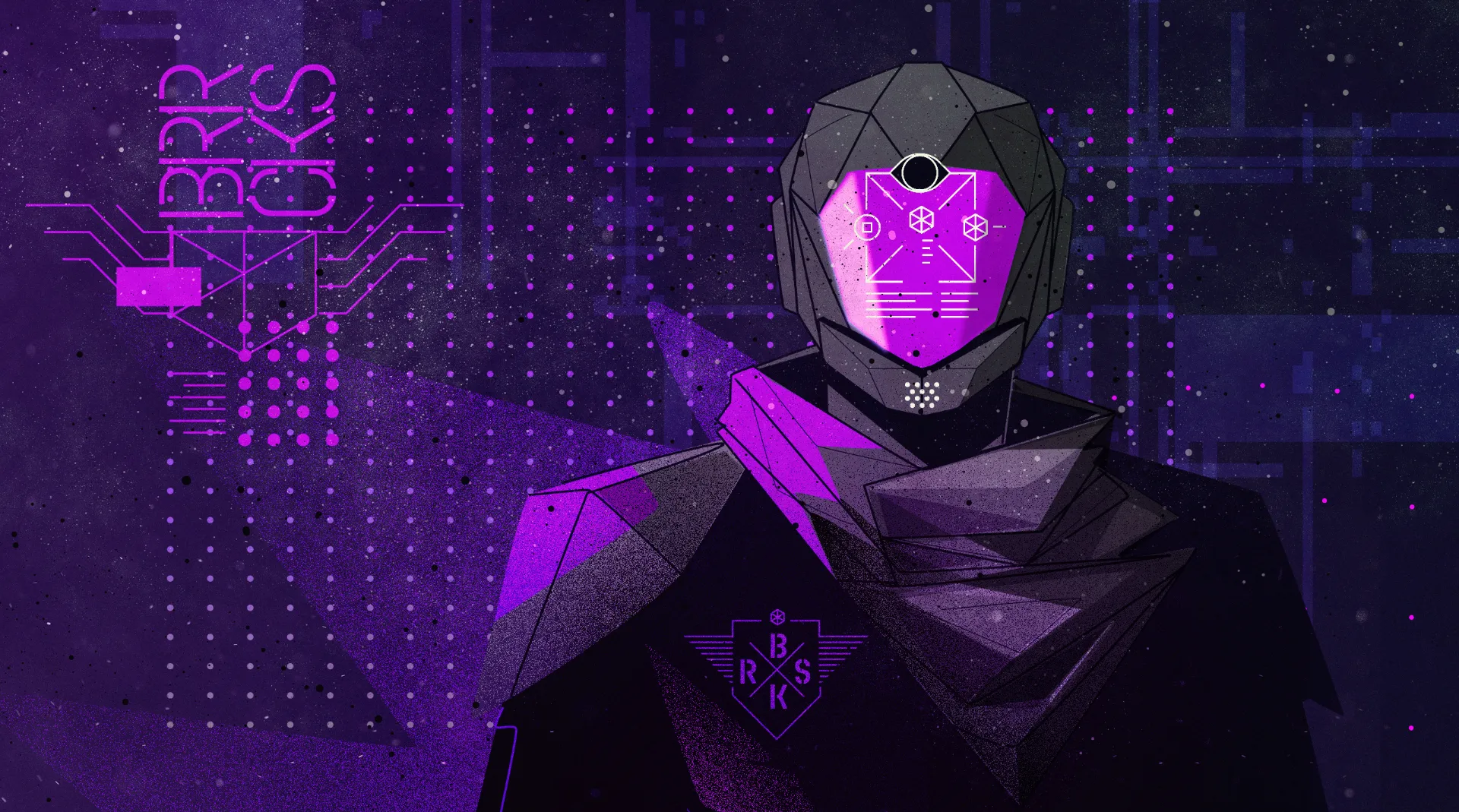 Portrait illustration of a masked futuristic character with geometric facial features, surrounded by digital symbols and purple interface elements