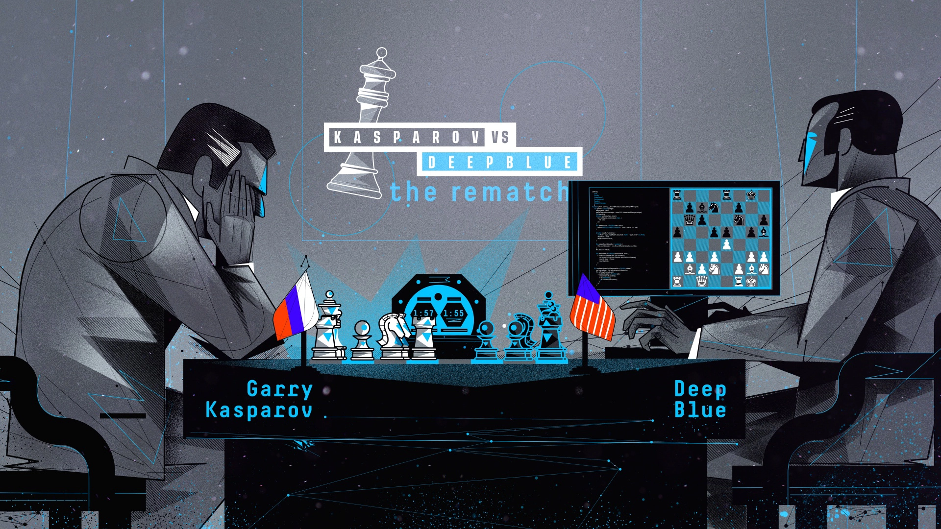 Two individuals interacting with screens and holographic data in a technology workspace.